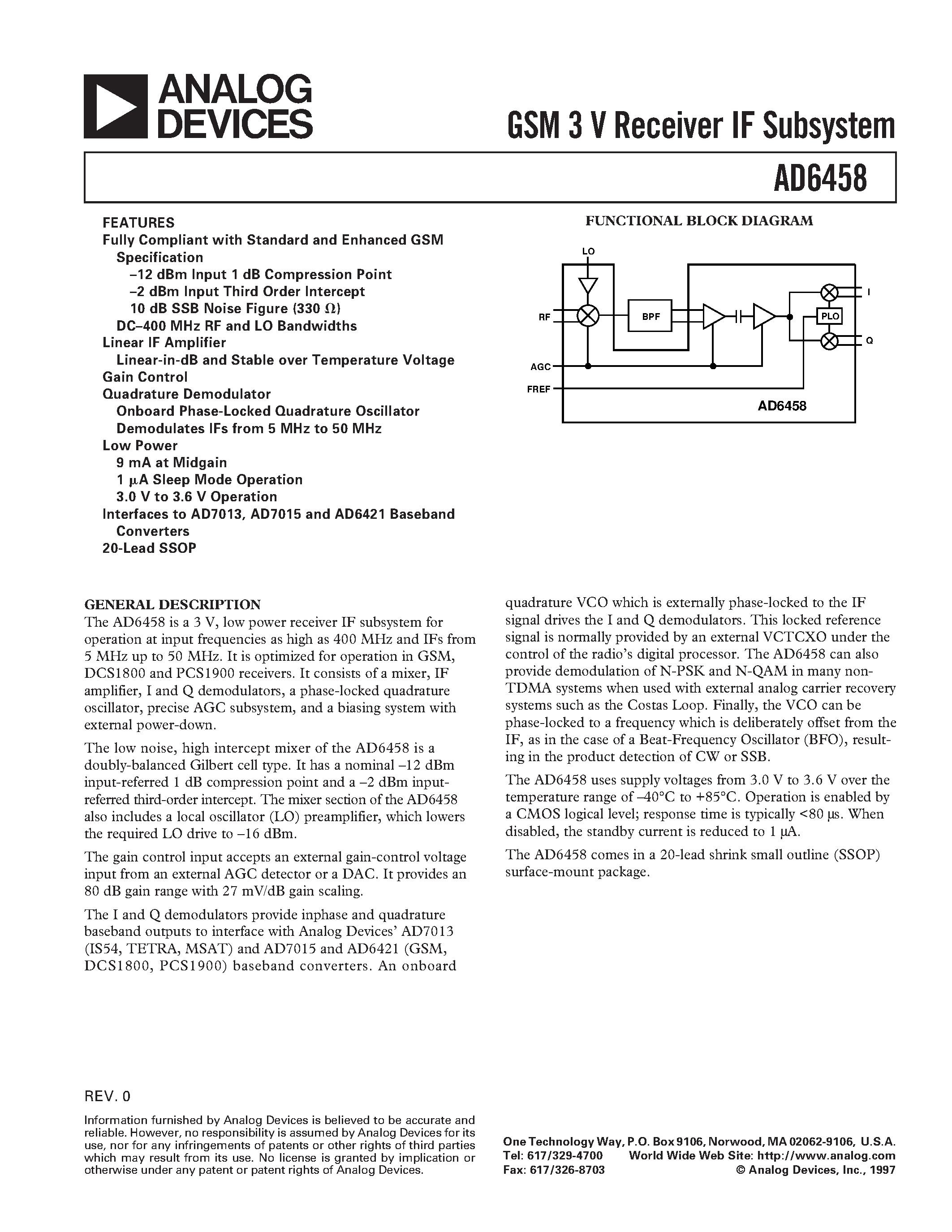 Datasheet AD6458ARS - GSM 3 V Receiver IF Subsystem page 1
