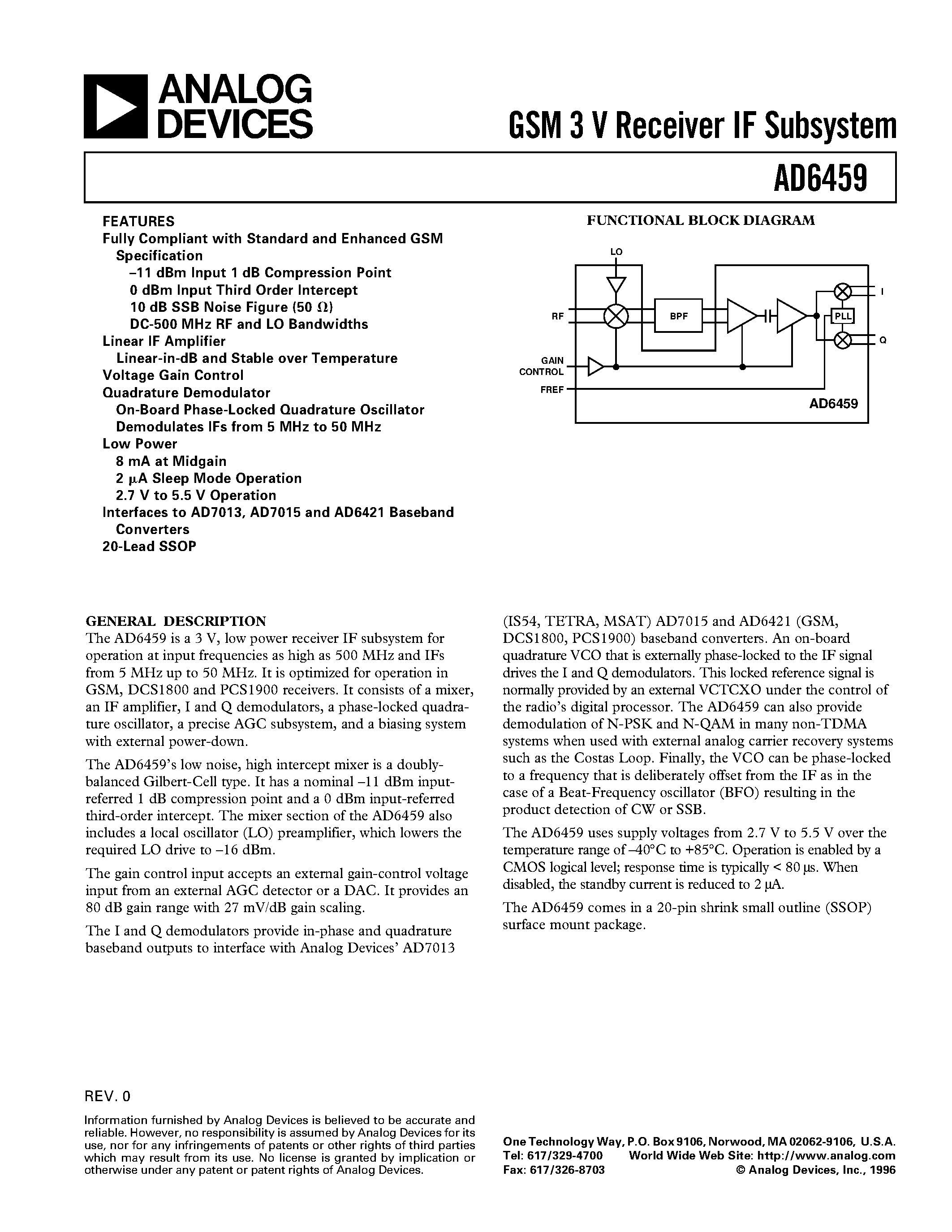 Datasheet AD6459 - GSM 3 V Receiver IF Subsystem page 1