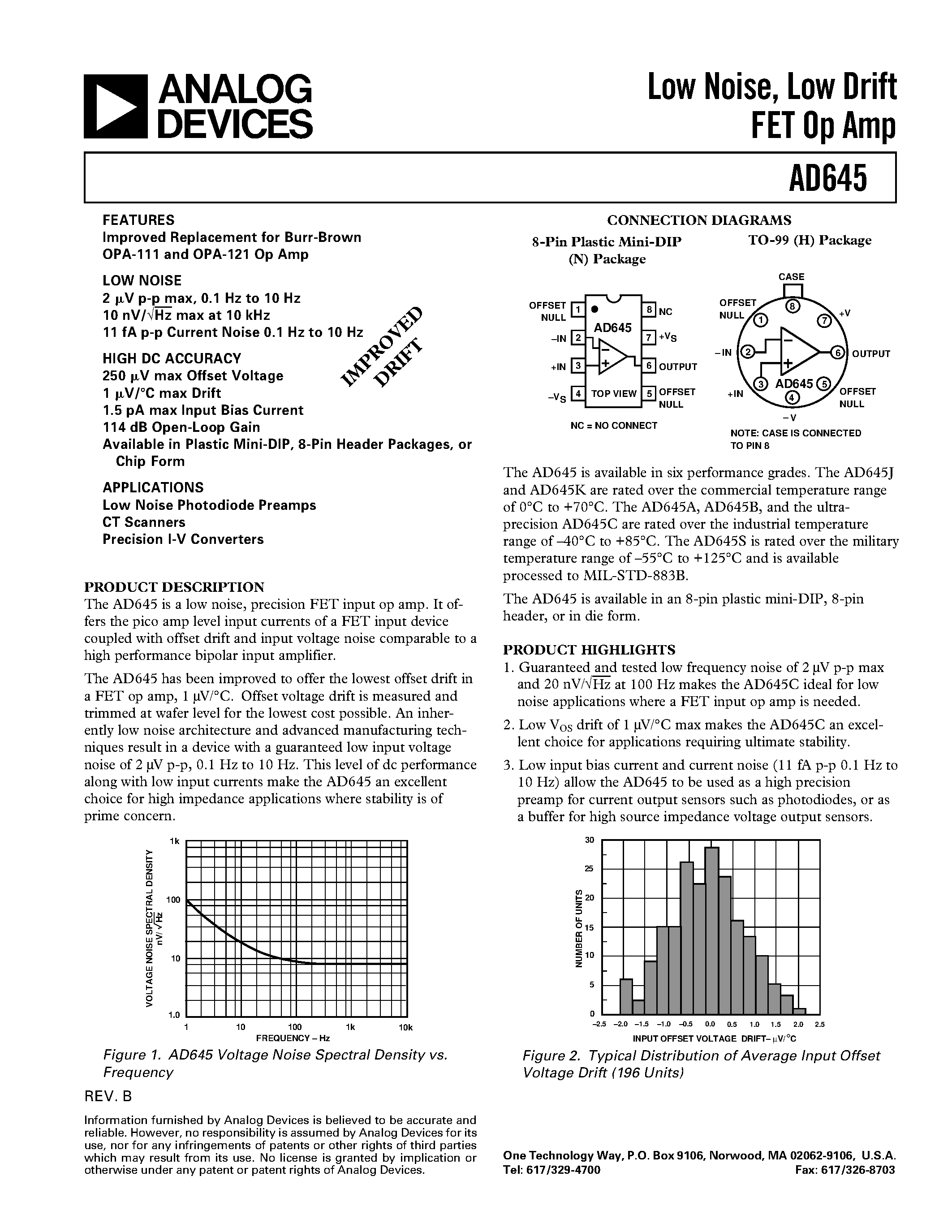 Datasheet AD645K page 1 Datasheet AD645K - Low Noise/ Low Drift FET Op Amp page 1