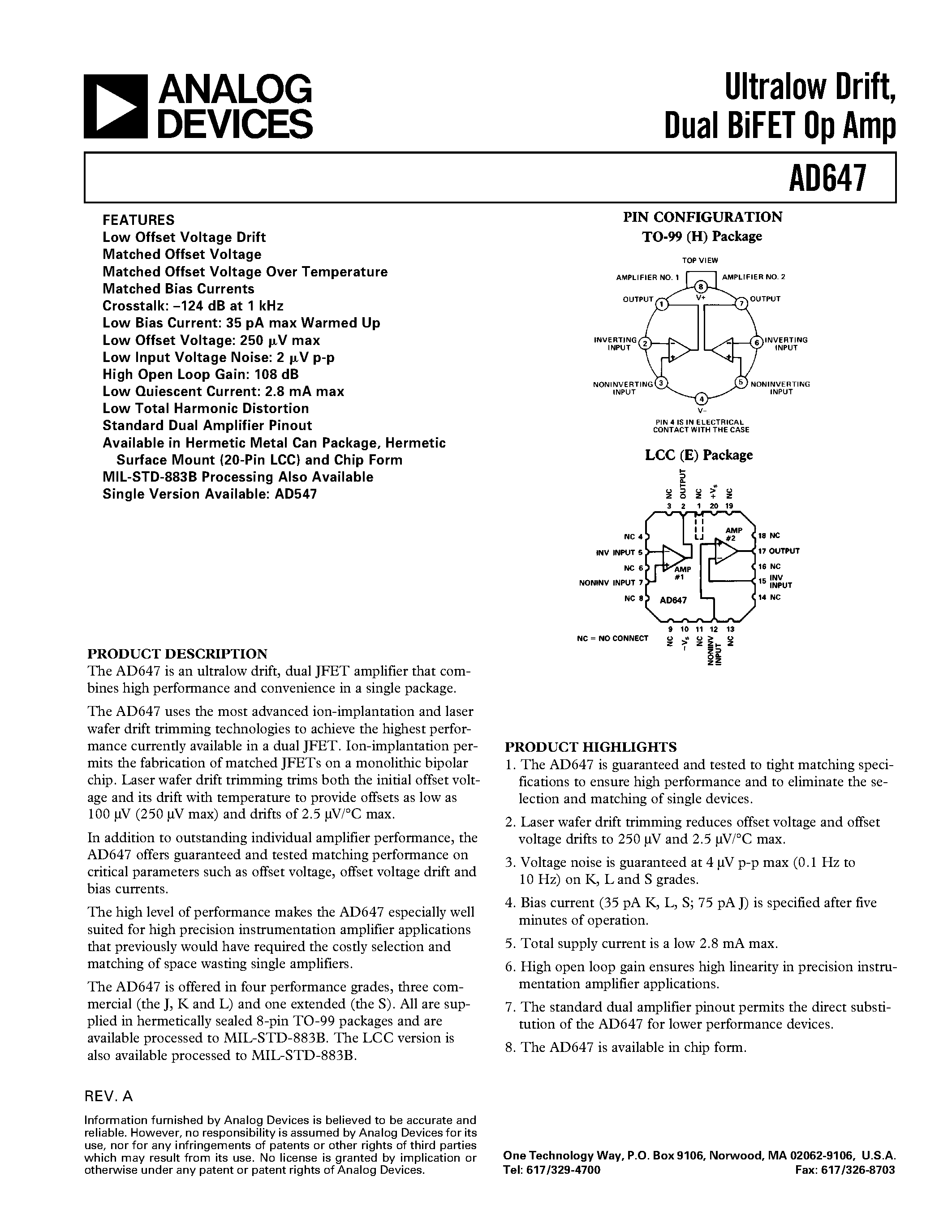 Даташит на микросхему AD647J страница 1 Даташит AD647J - Ultralow Drift/ Dual BiFET Op Amp страница 1