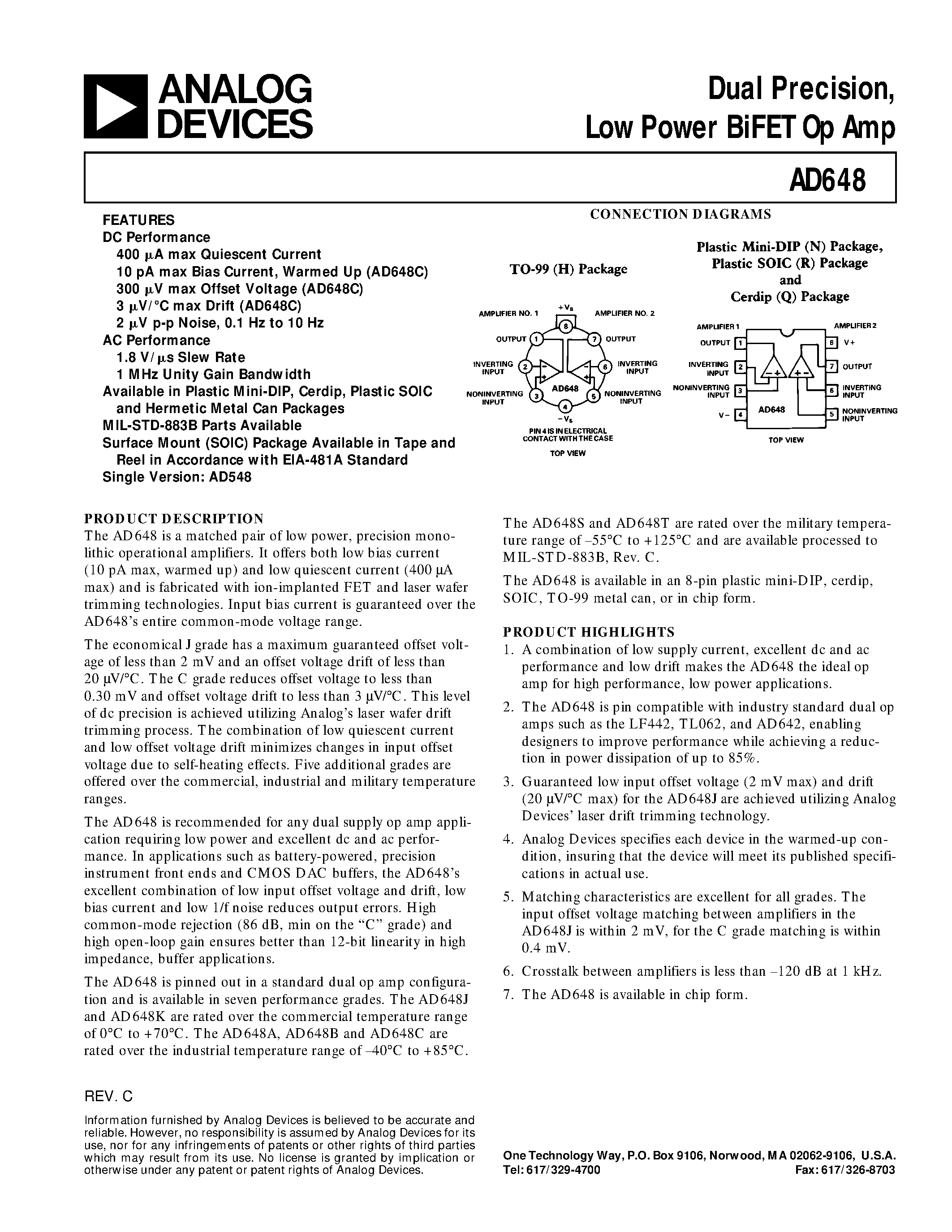 Даташит AD648SQ - Dual Precision/ Low Power BiFET Op Amp страница 1