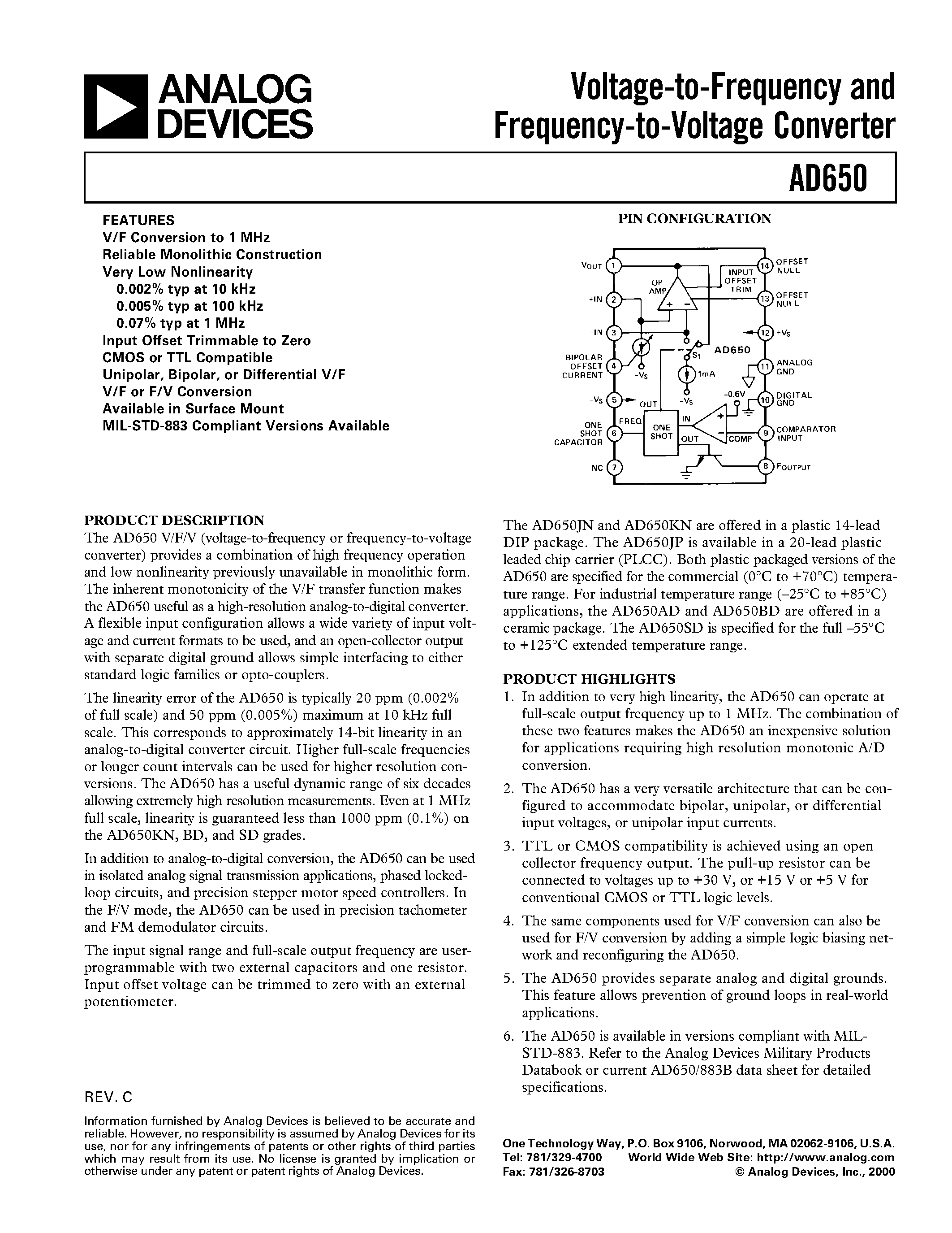 Даташит AD650AD - Voltage-to-Frequency and Frequency-to-Voltage Converter страница 1
