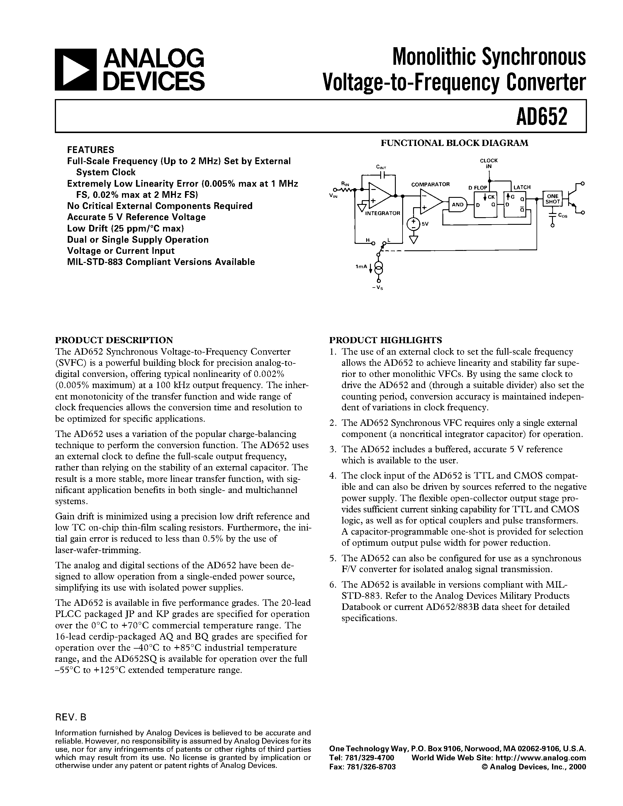 Даташит AD652SW - Monolithic Synchronous Voltage-to-Frequency Converter страница 1