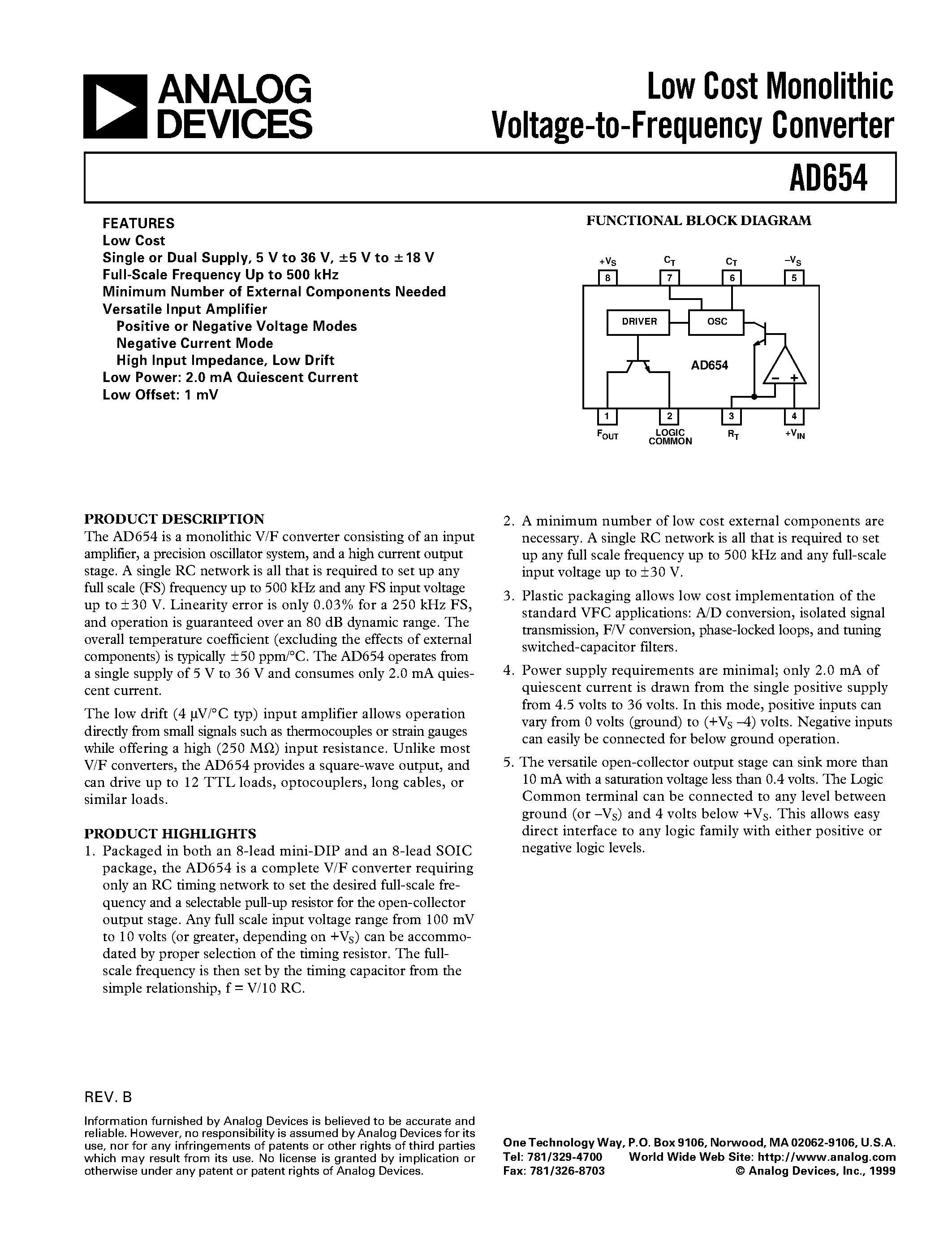 Даташит на микросхему AD654JR страница 1 Даташит AD654JR - Low Cost Monolithic Voltage-to-Frequency Converter страница 1