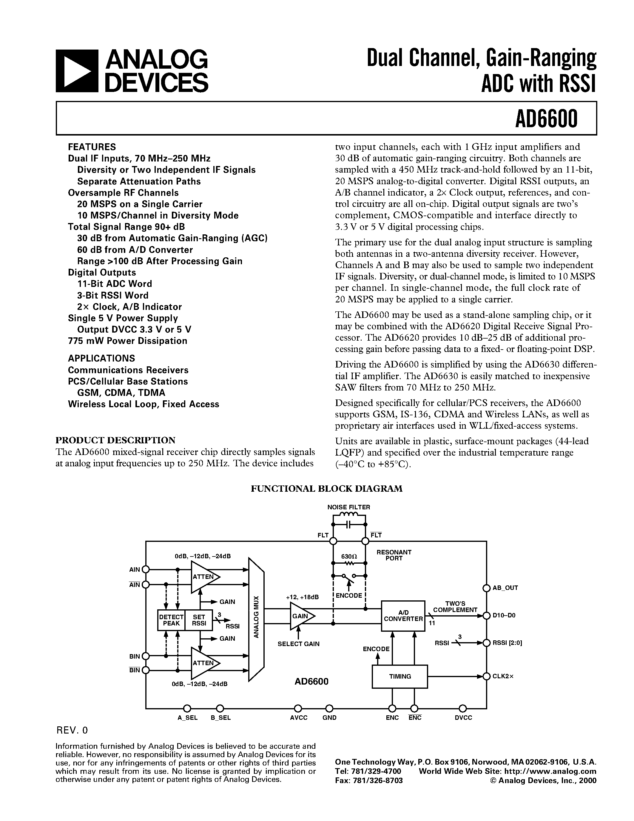 Даташит на микросхему AD6600PCB страница 1 Даташит AD6600PCB - Dual Channel/ Gain-Ranging ADC with RSSI страница 1