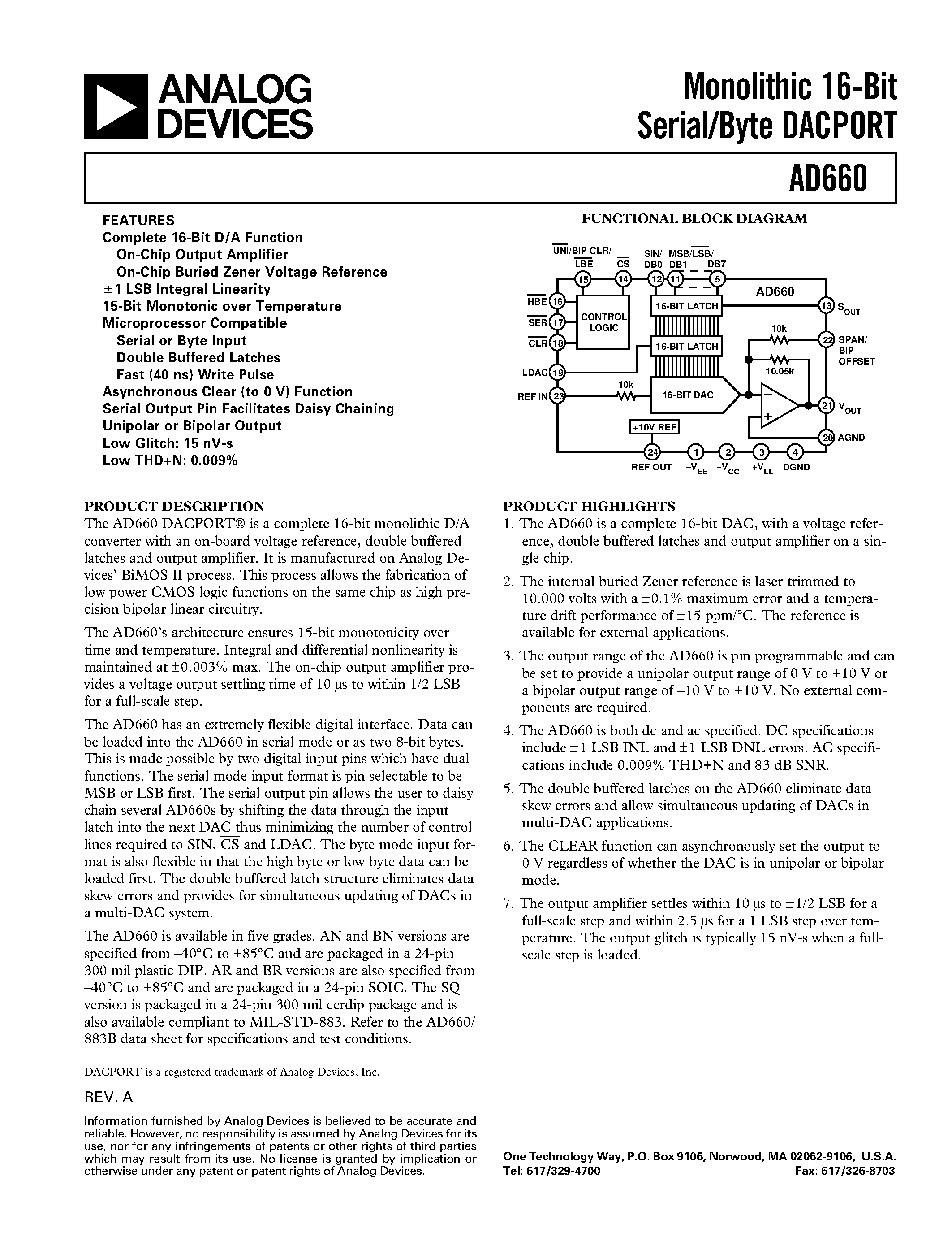 Даташит AD660BR - Monolithic 16-Bit Serial/Byte DACPORT страница 1