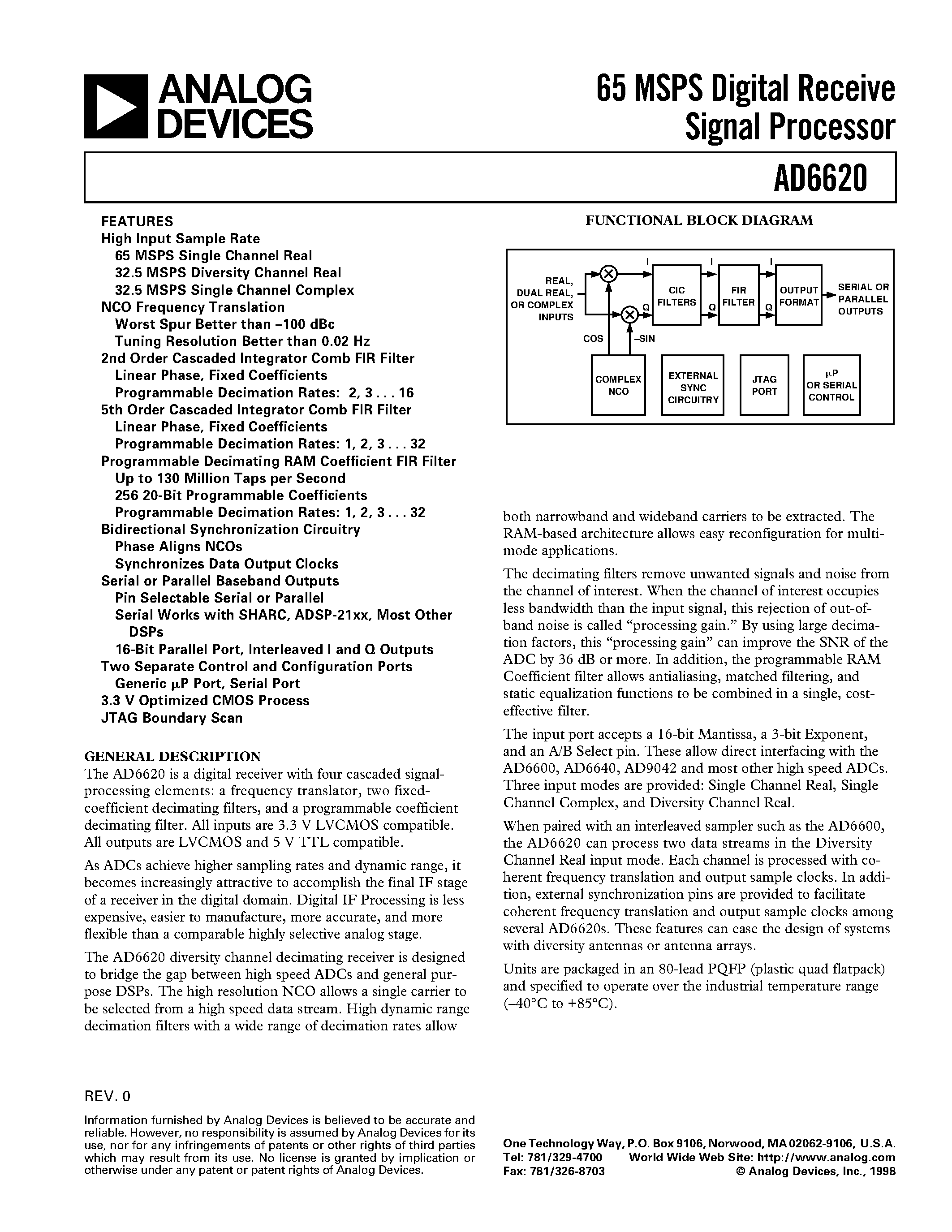 Даташит AD6620 - 65 MSPS Digital Receive Signal Processor страница 1
