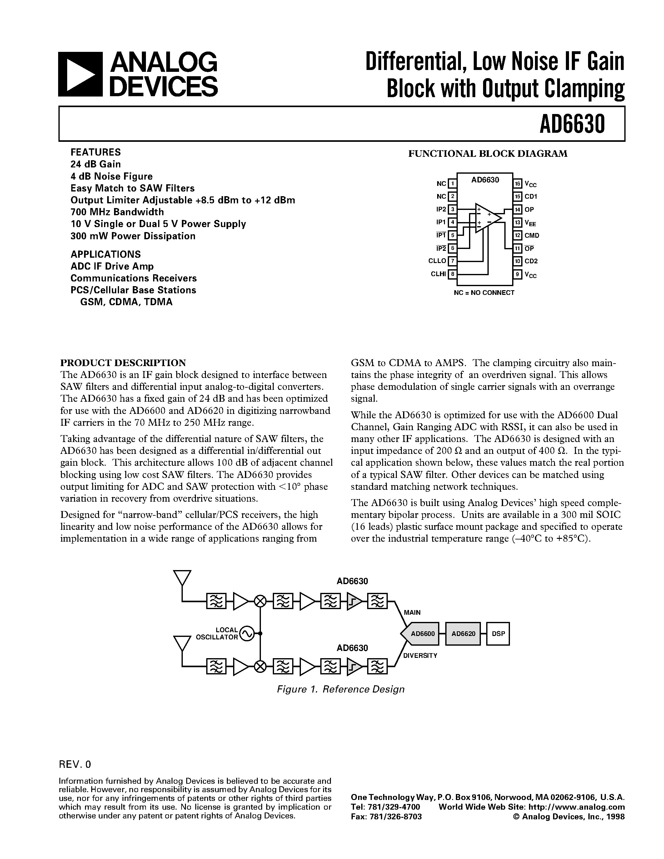 Datasheet AD6630 page 1 Datasheet AD6630 - Differential/ Low Noise IF Gain Block with Output Clamping page 1