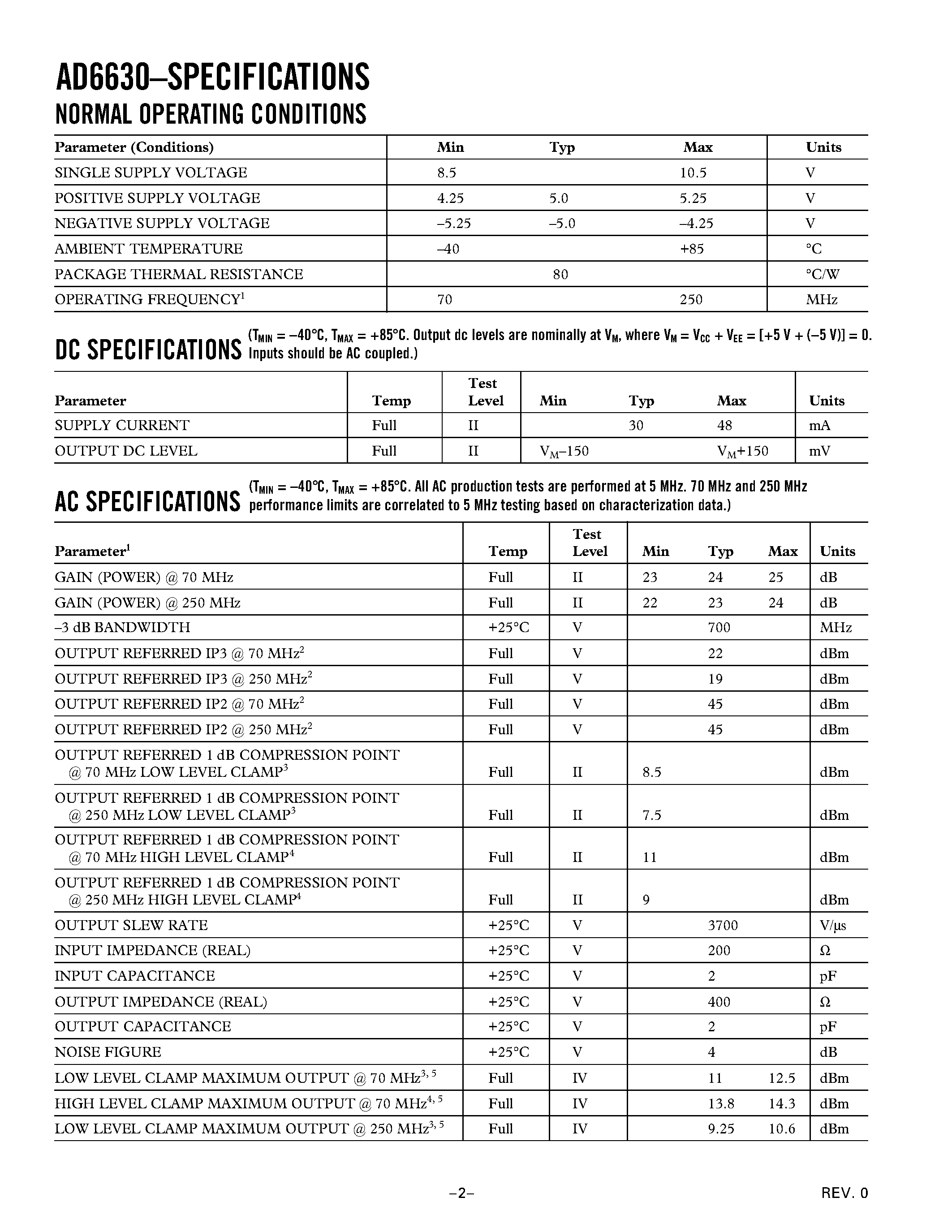 Datasheet AD6630AR-REEL - Differential/ Low Noise IF Gain Block with Output Clamping page 2