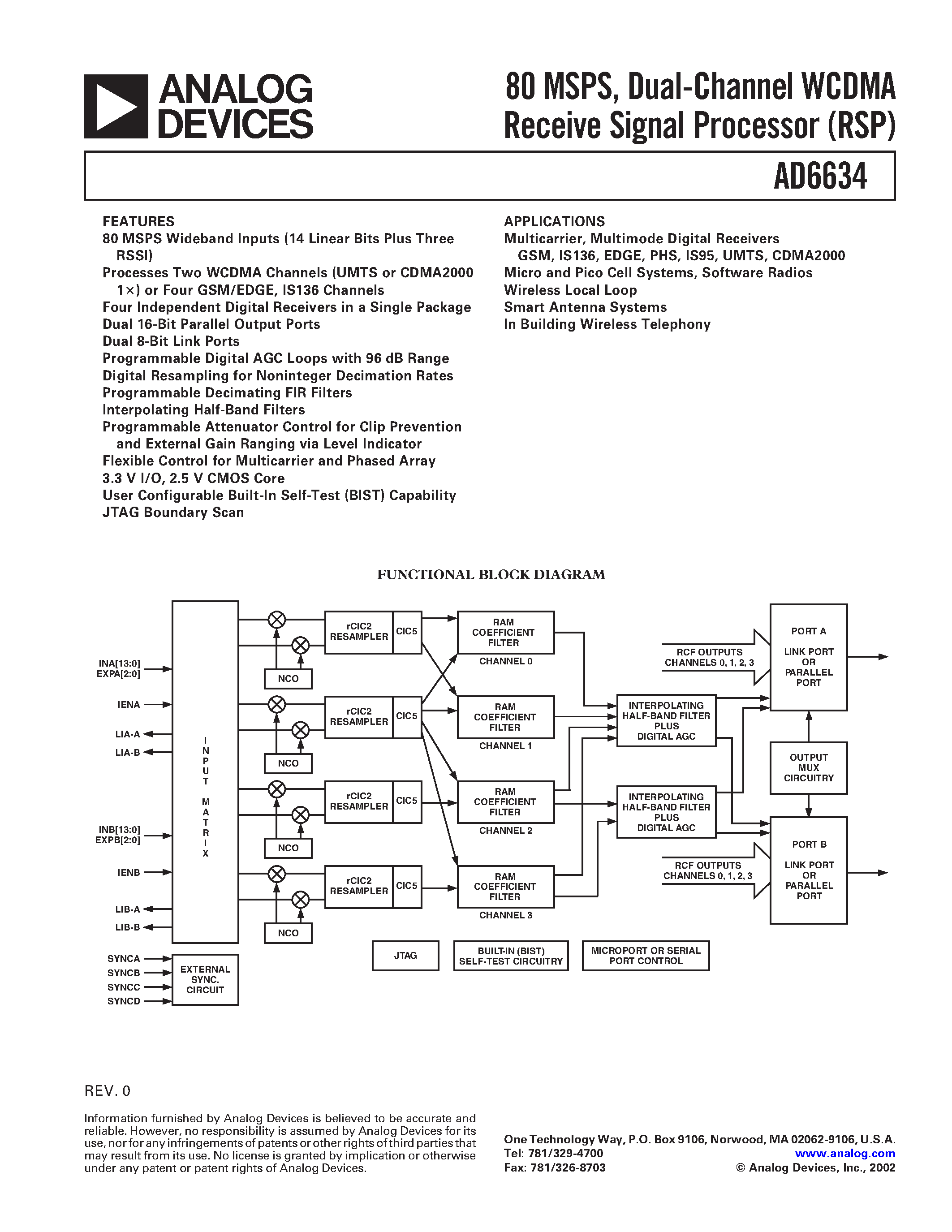 Даташит AD6634 - 80 MSPS/ Dual-Channel WCDMA Receive Signal Processor (RSP) страница 1
