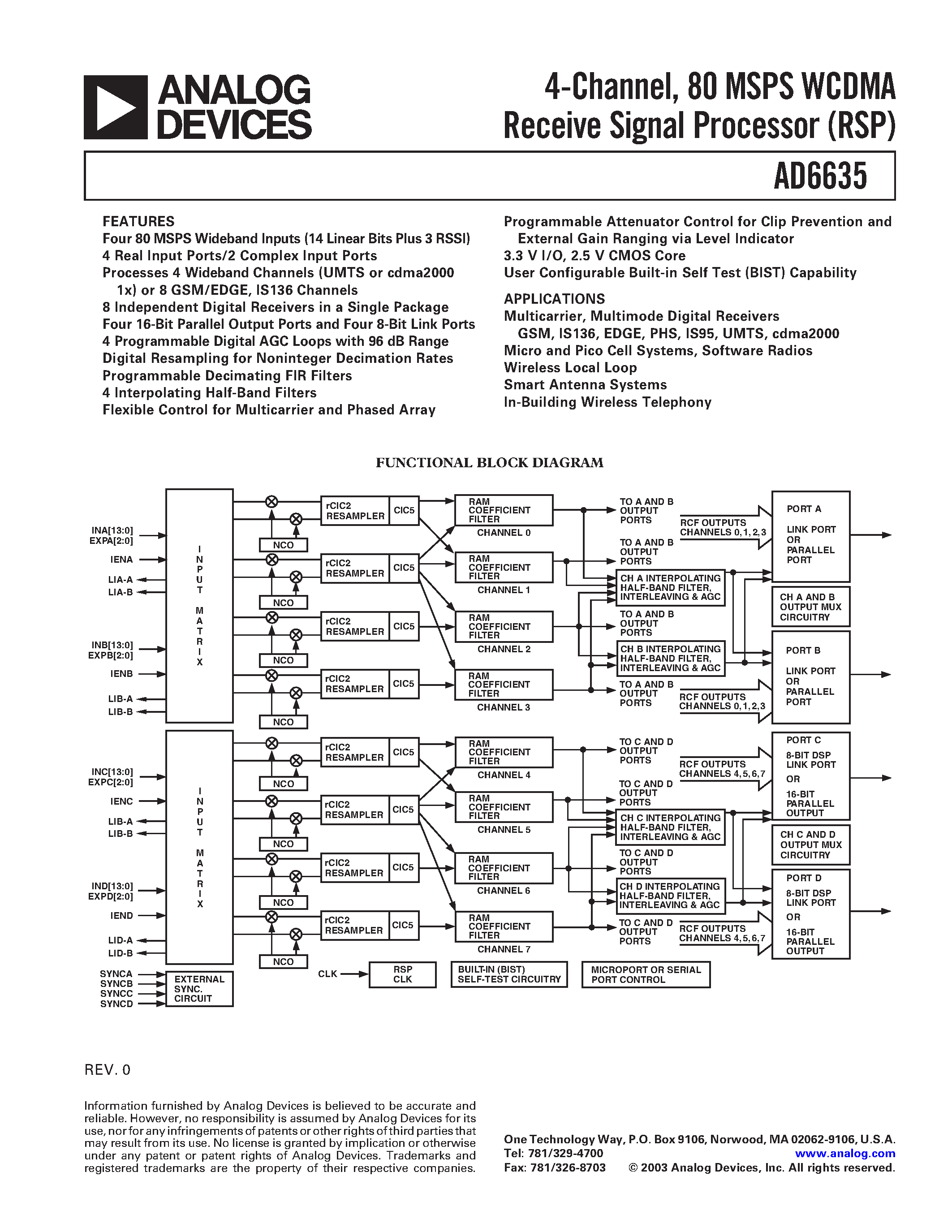 Даташит AD6635 - 4-Channel/ 80 MSPS WCDMA Receive Signal Processor (RSP) страница 1