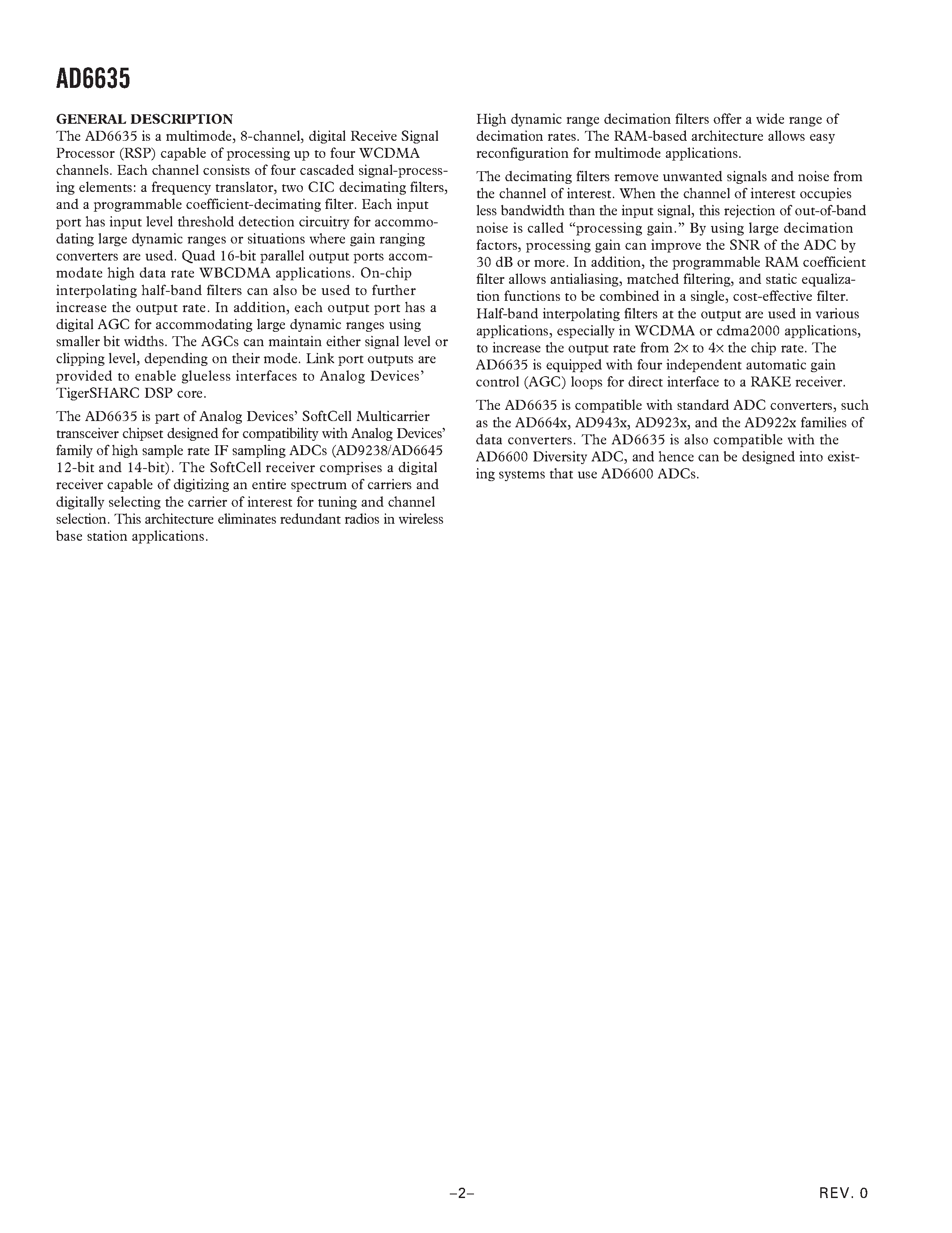 Даташит AD6635 - 4-Channel/ 80 MSPS WCDMA Receive Signal Processor (RSP) страница 2