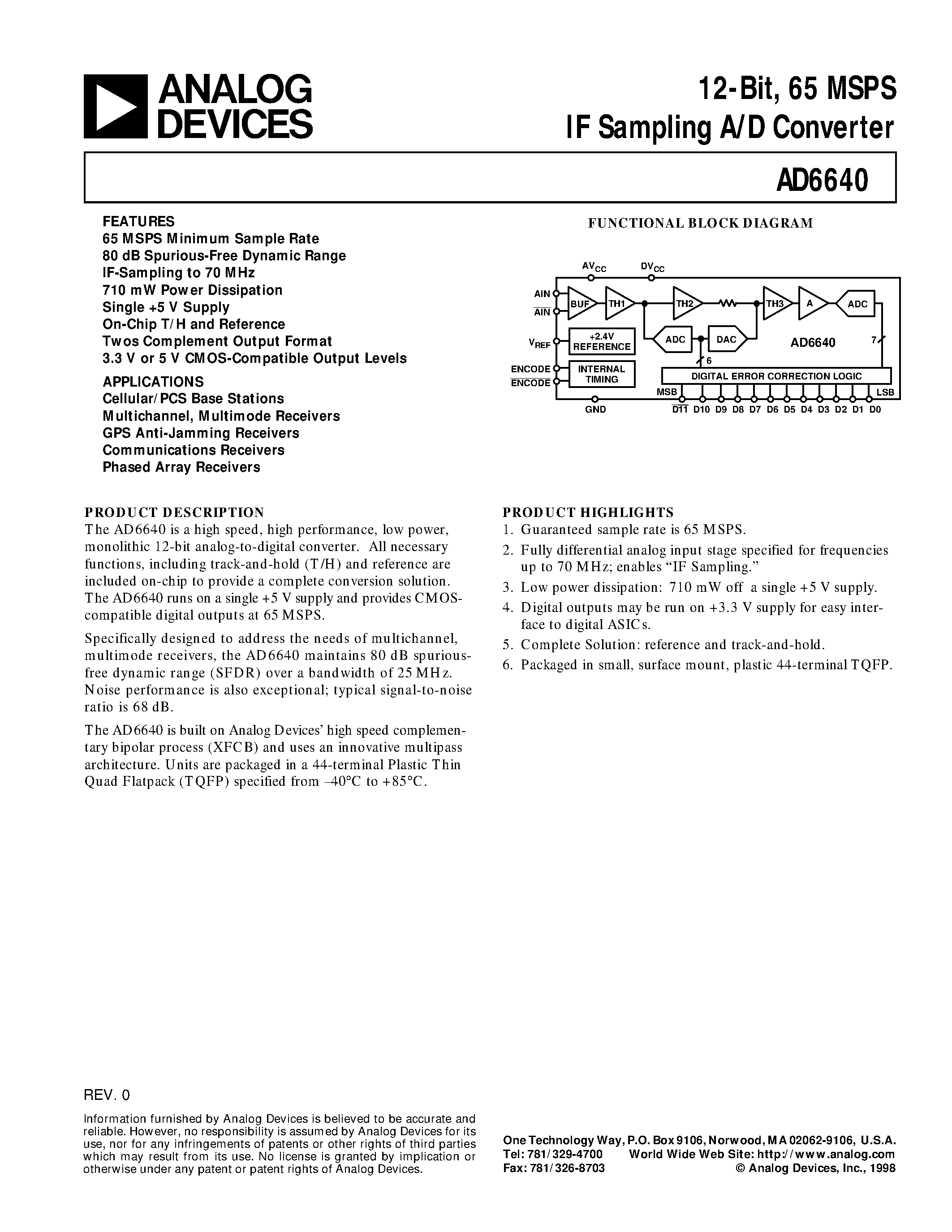 Datasheet AD6640PCB - 12-Bit/ 65 MSPS IF Sampling A/D Converter page 1