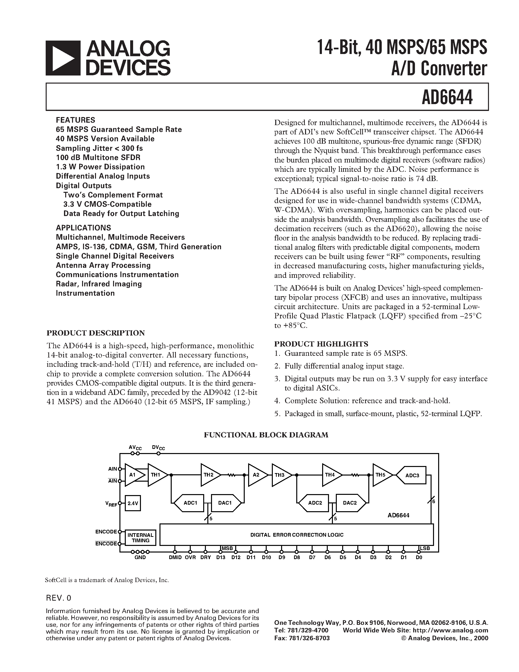 Datasheet AD6644AST-65 - 14-Bit/ 40 MSPS/65 MSPS A/D Converter page 1