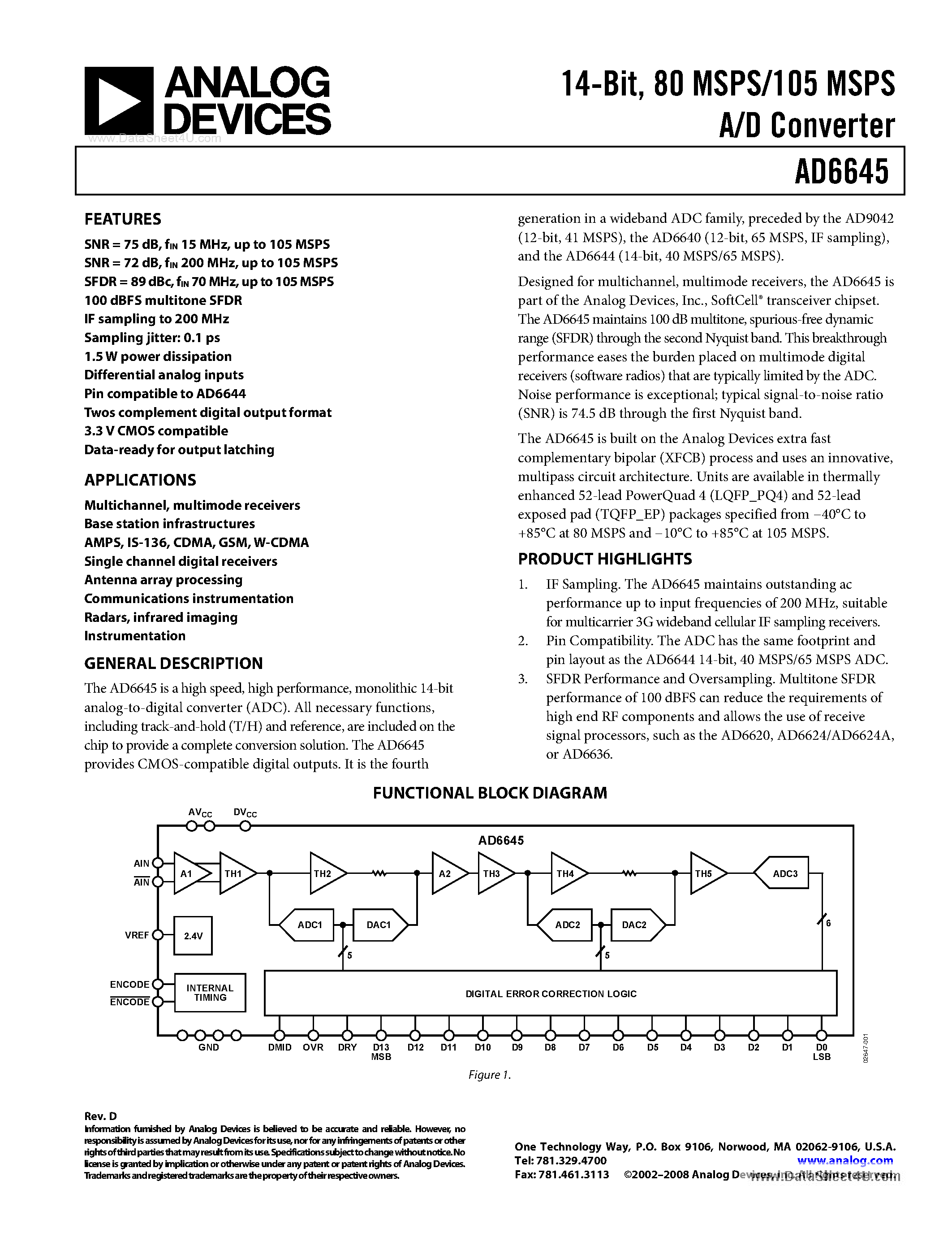 Datasheet AD6645 page 1 Datasheet AD6645 - 14-Bit/ 80 MSPS A/D Converter page 1