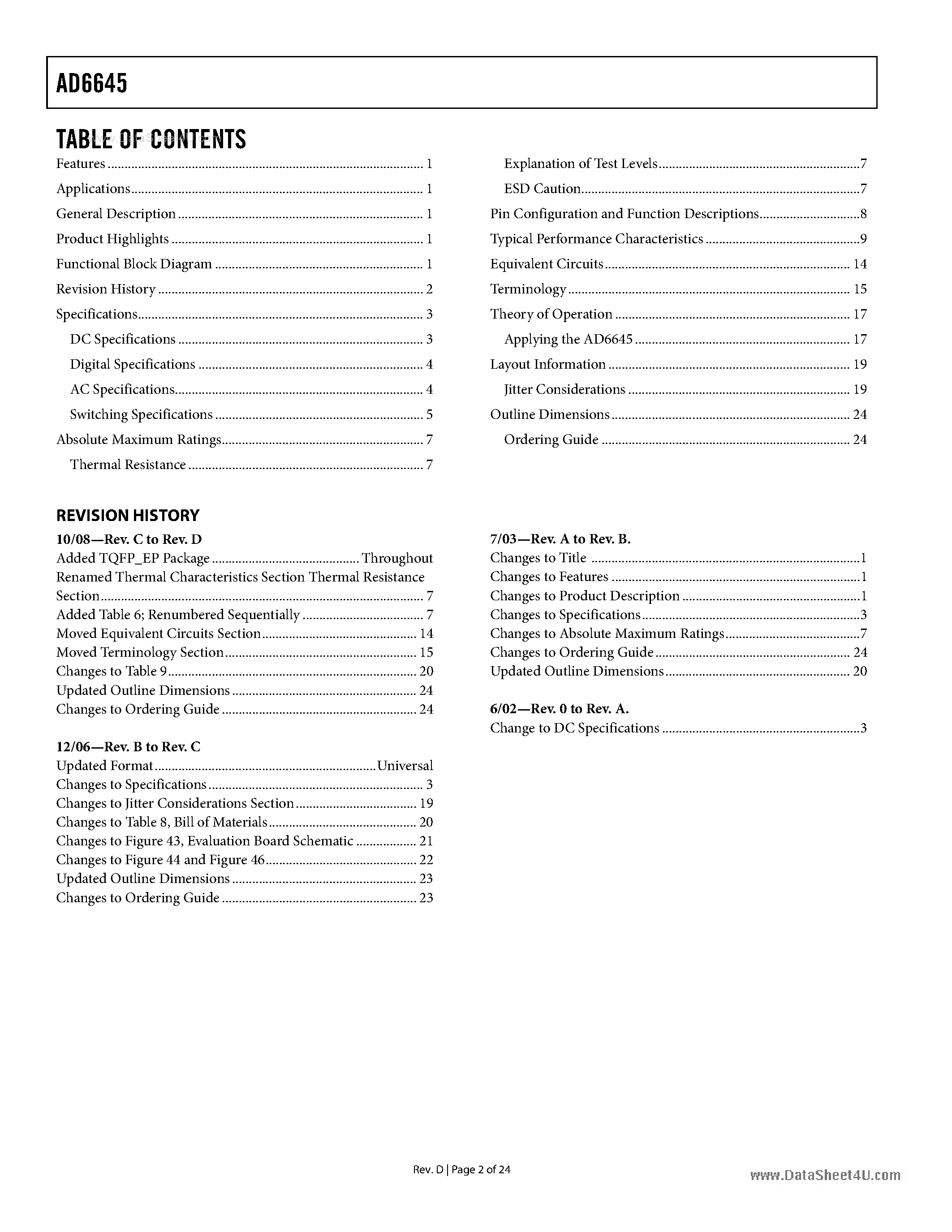 Datasheet AD6645 page 2 Datasheet AD6645 - 14-Bit/ 80 MSPS A/D Converter page 2