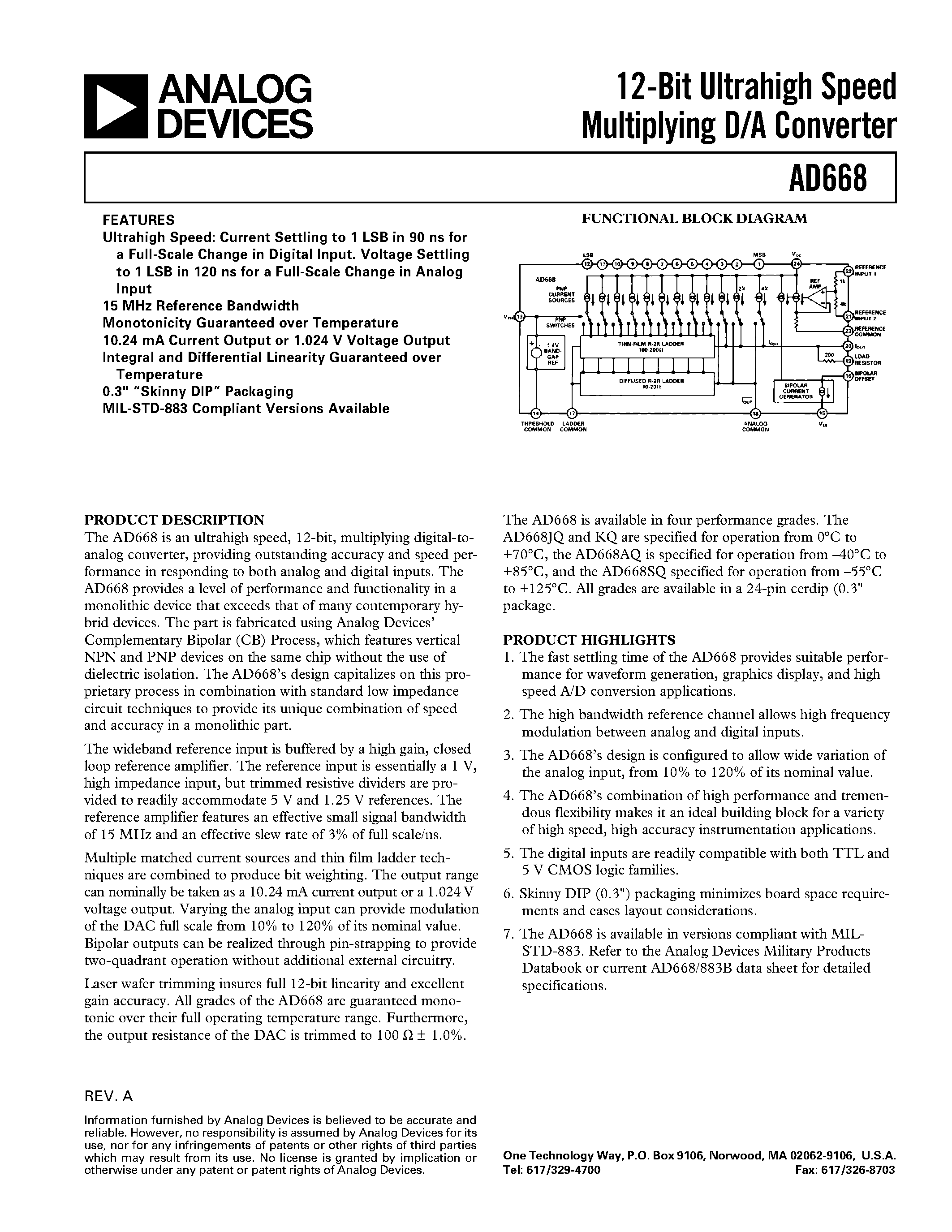 Datasheet AD668J - 12-Bit Ultrahigh Speed Multiplying D/A Converter page 1