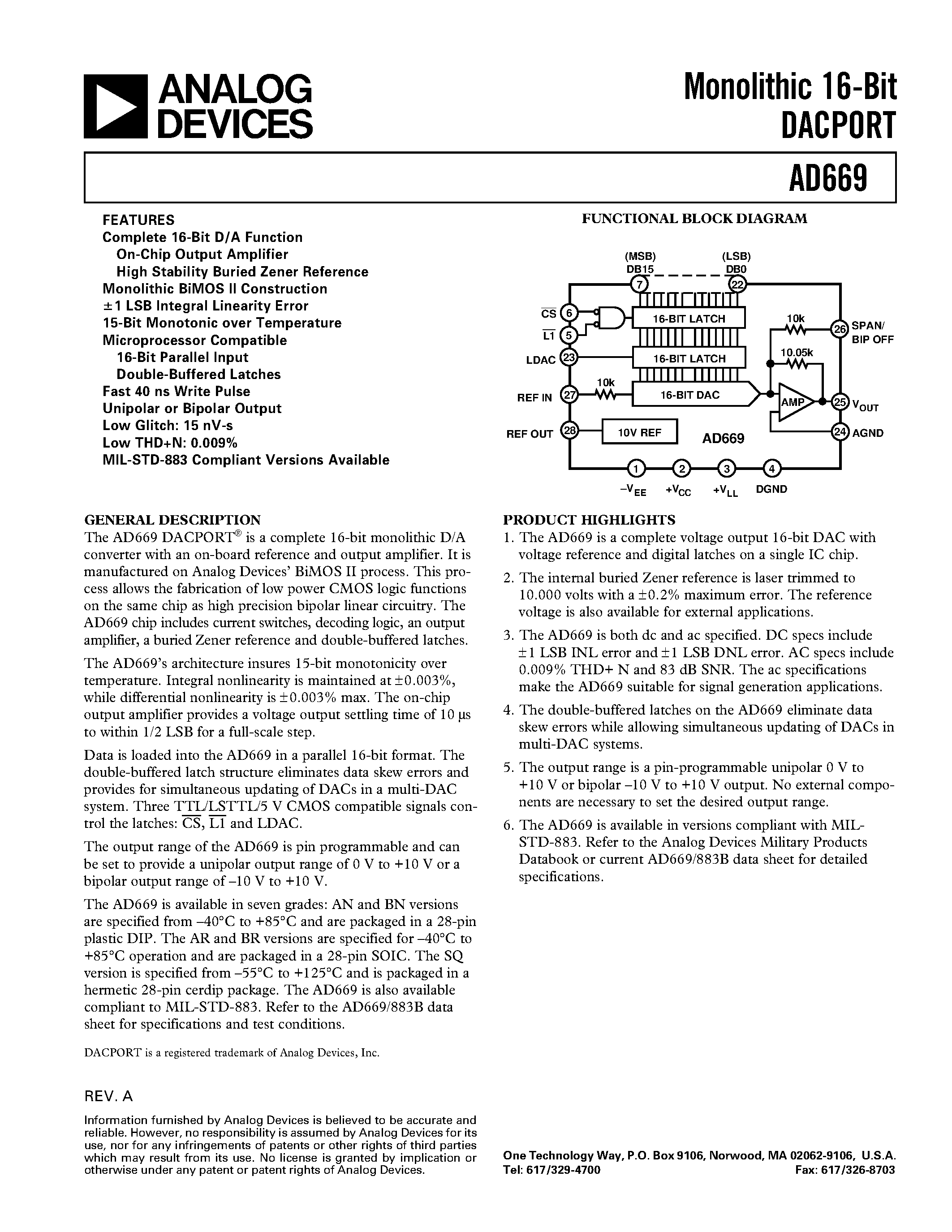 Даташит на микросхему AD669BQ страница 1 Даташит AD669BQ - Monolithic 16-Bit DACPORT страница 1