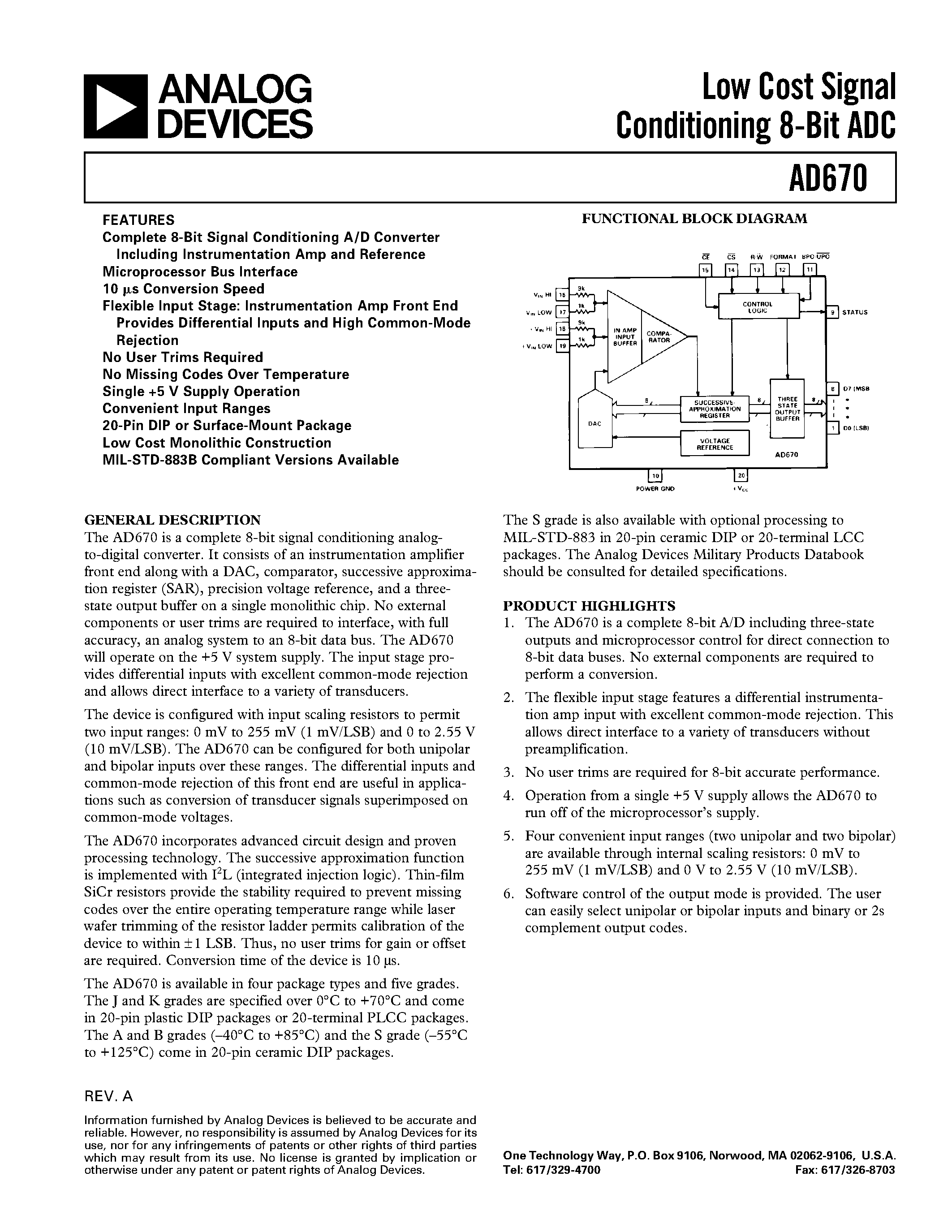 Даташит на микросхему AD670BD страница 1 Даташит AD670BD - Low Cost Signal Conditioning 8-Bit ADC страница 1
