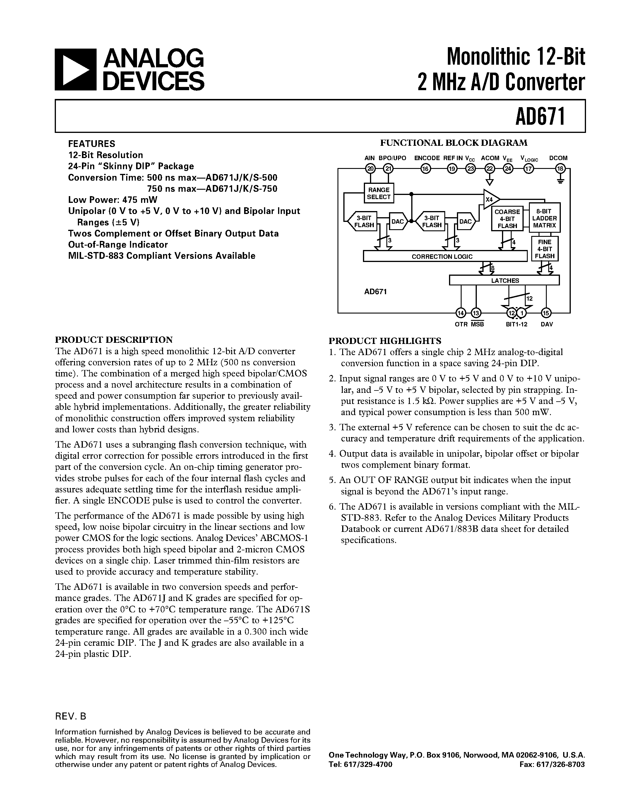 Даташит на микросхему AD671SD-500 страница 1 Даташит AD671SD-500 - Monolithic 12-Bit 2 MHz A/D Converter страница 1