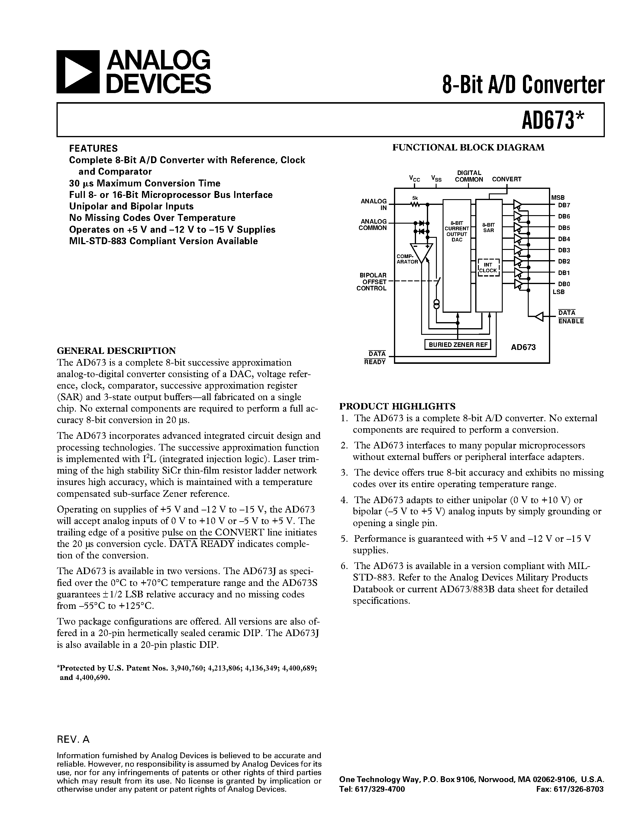 Даташит AD673JP - 8-Bit A/D Converter страница 1