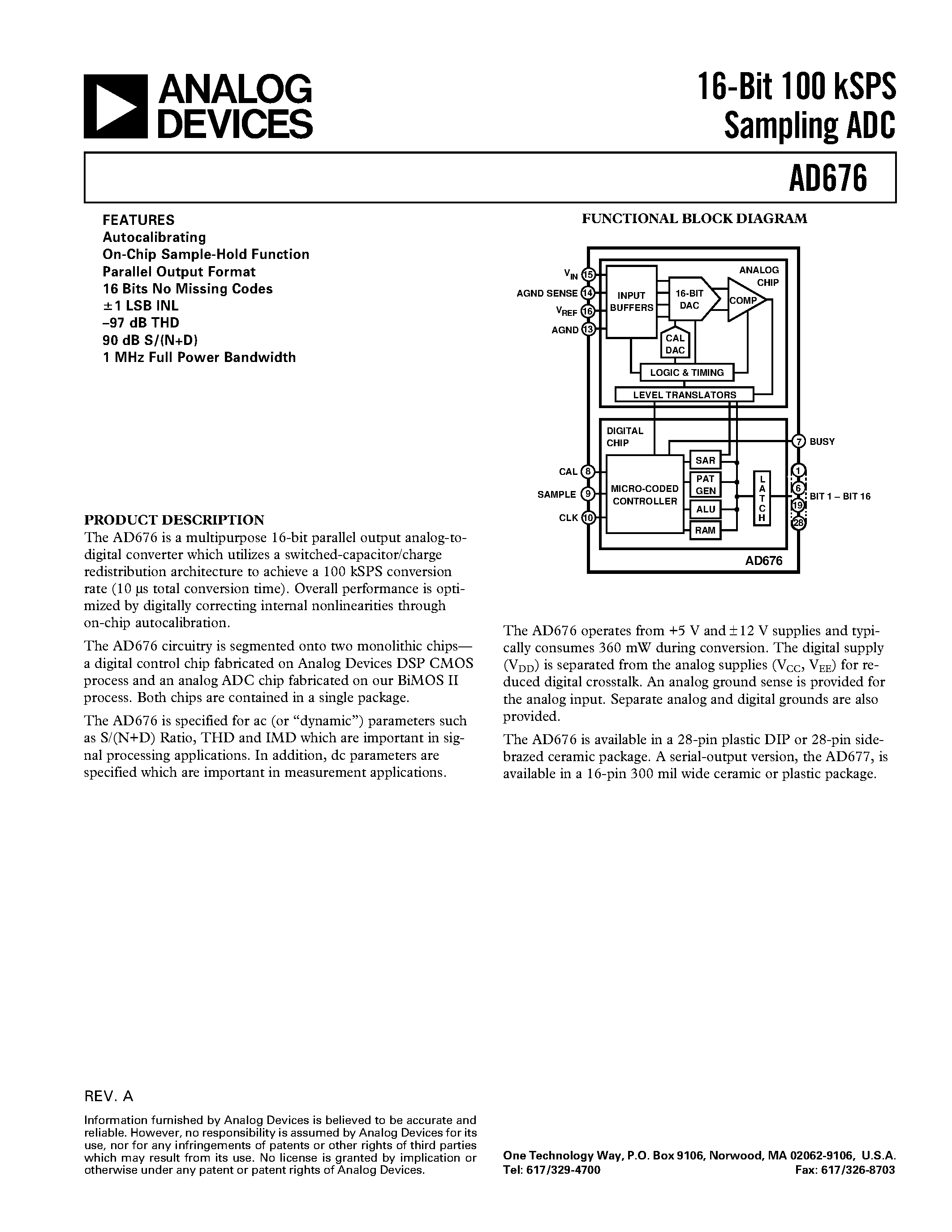 Даташит на микросхему AD676KD страница 1 Даташит AD676KD - 16-Bit 100 kSPS Sampling ADC страница 1
