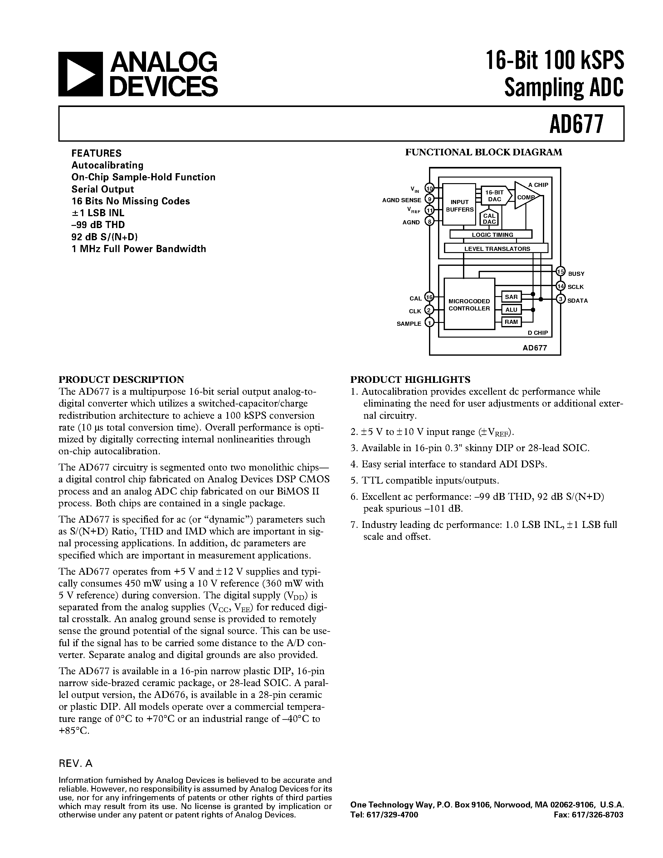 Даташит на микросхему AD677JR страница 1 Даташит AD677JR - 16-Bit 100 kSPS Sampling ADC страница 1