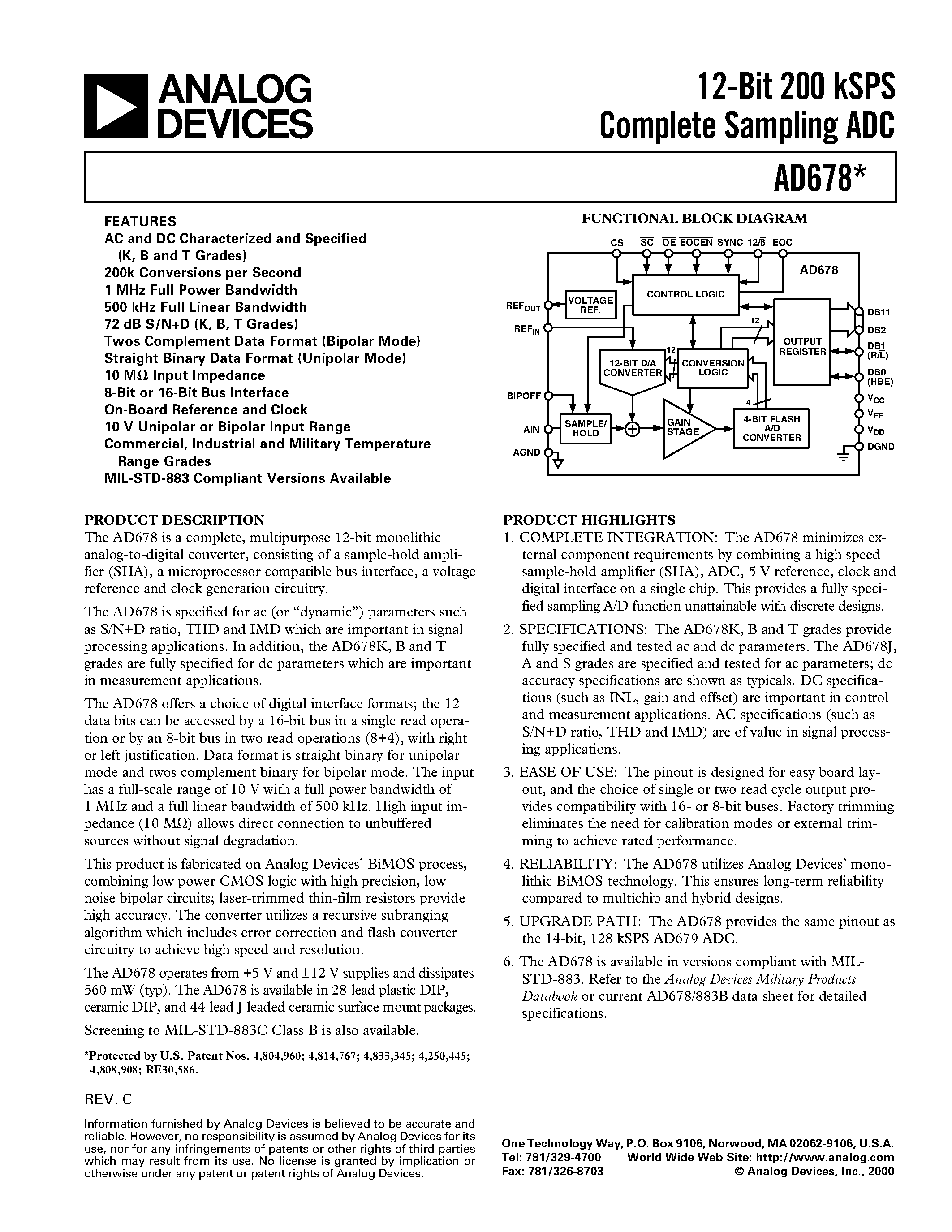 Даташит на микросхему AD678KN страница 1 Даташит AD678KN - 12-Bit 200 kSPS Complete Sampling ADC страница 1