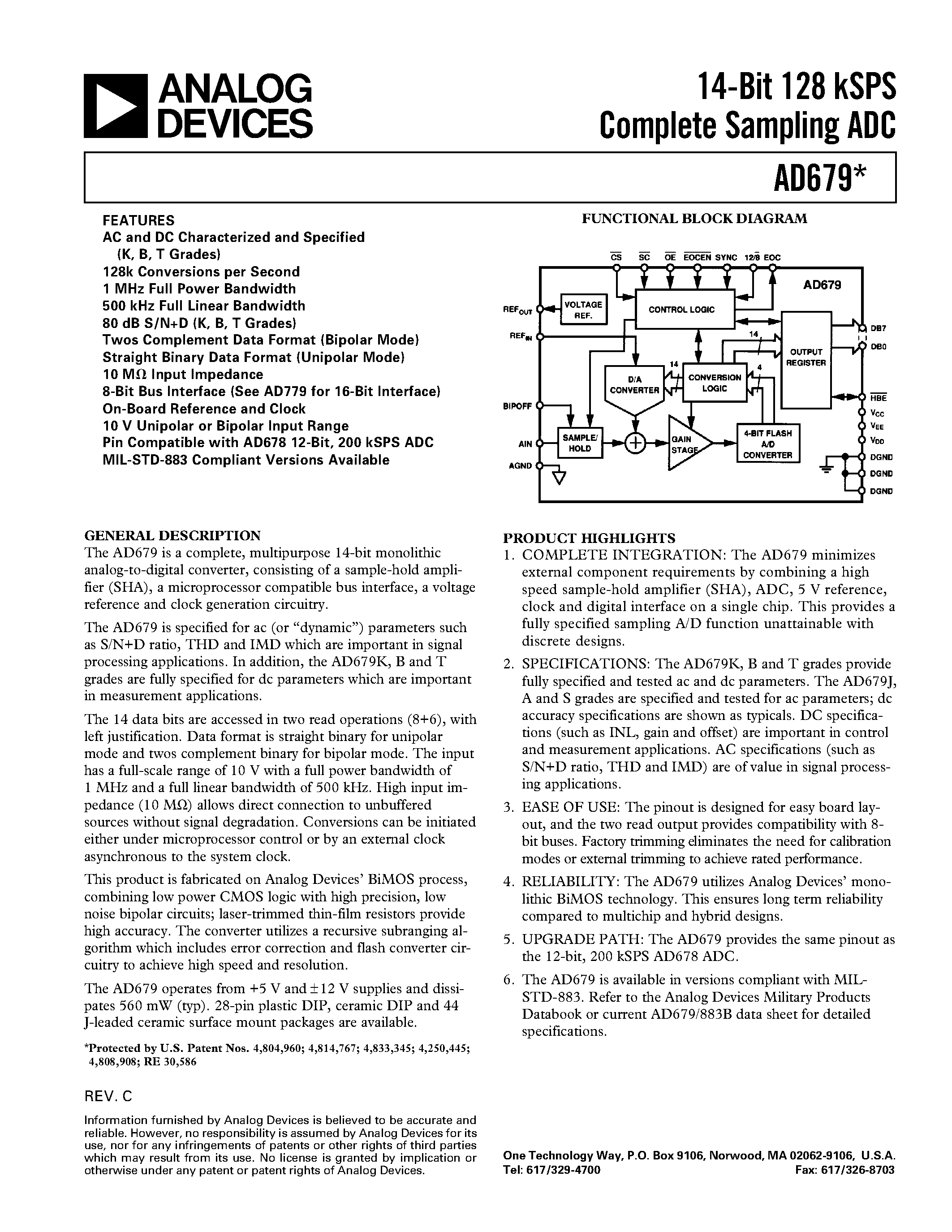 Даташит на микросхему AD679SJ страница 1 Даташит AD679SJ - 14-Bit 128 kSPS Complete Sampling ADC страница 1