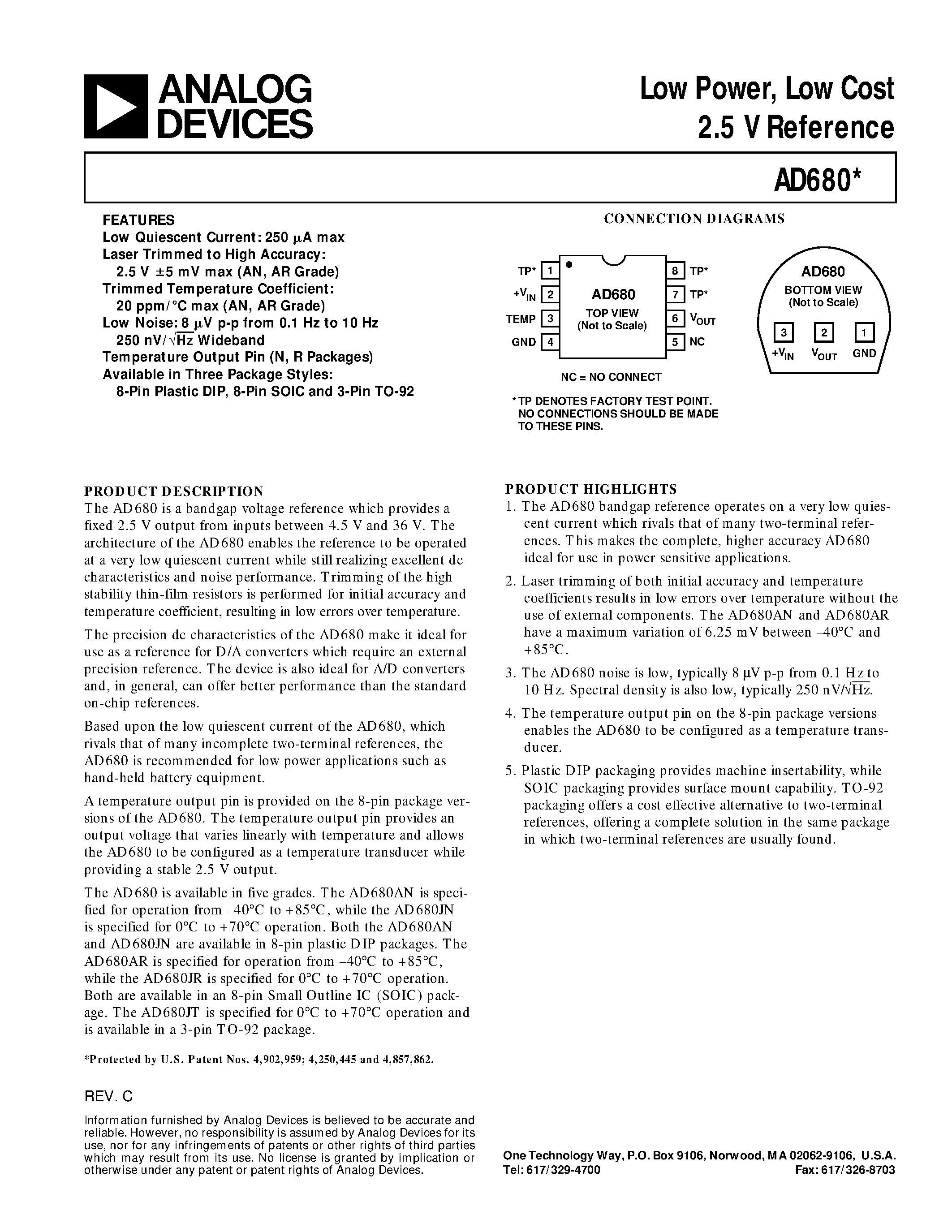 Datasheet AD680JT page 1 Datasheet AD680JT - Low Power/ Low Cost 2.5 V Reference page 1