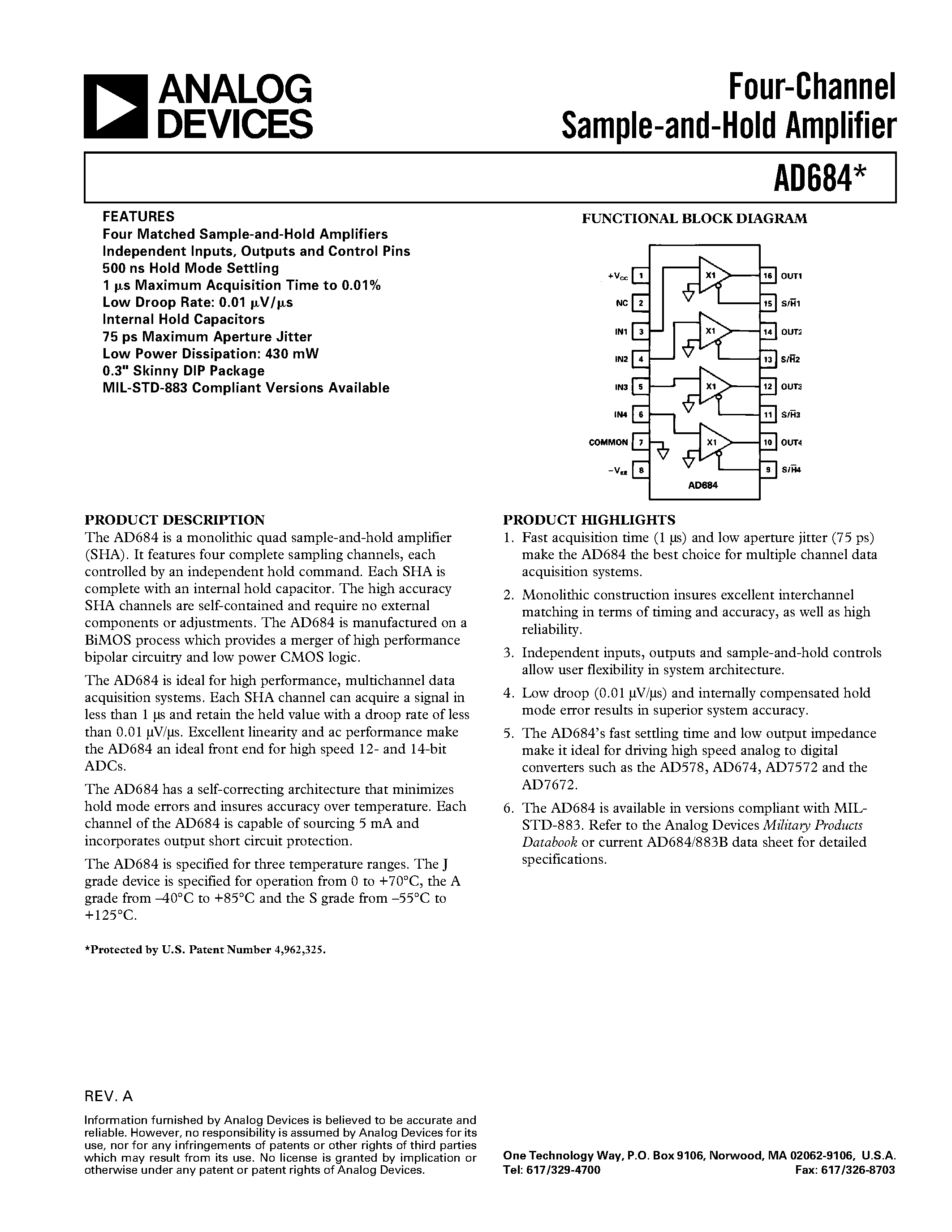 Datasheet AD684 - Four-Channel Sample-and-Hold Amplifier page 1