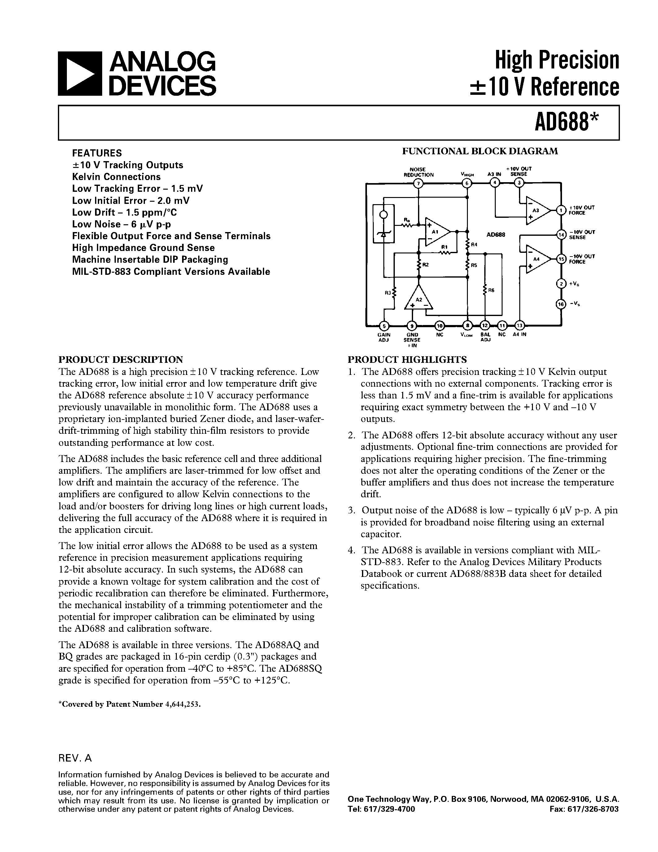 Datasheet AD688BQ - High Precision +-10 V Reference page 1