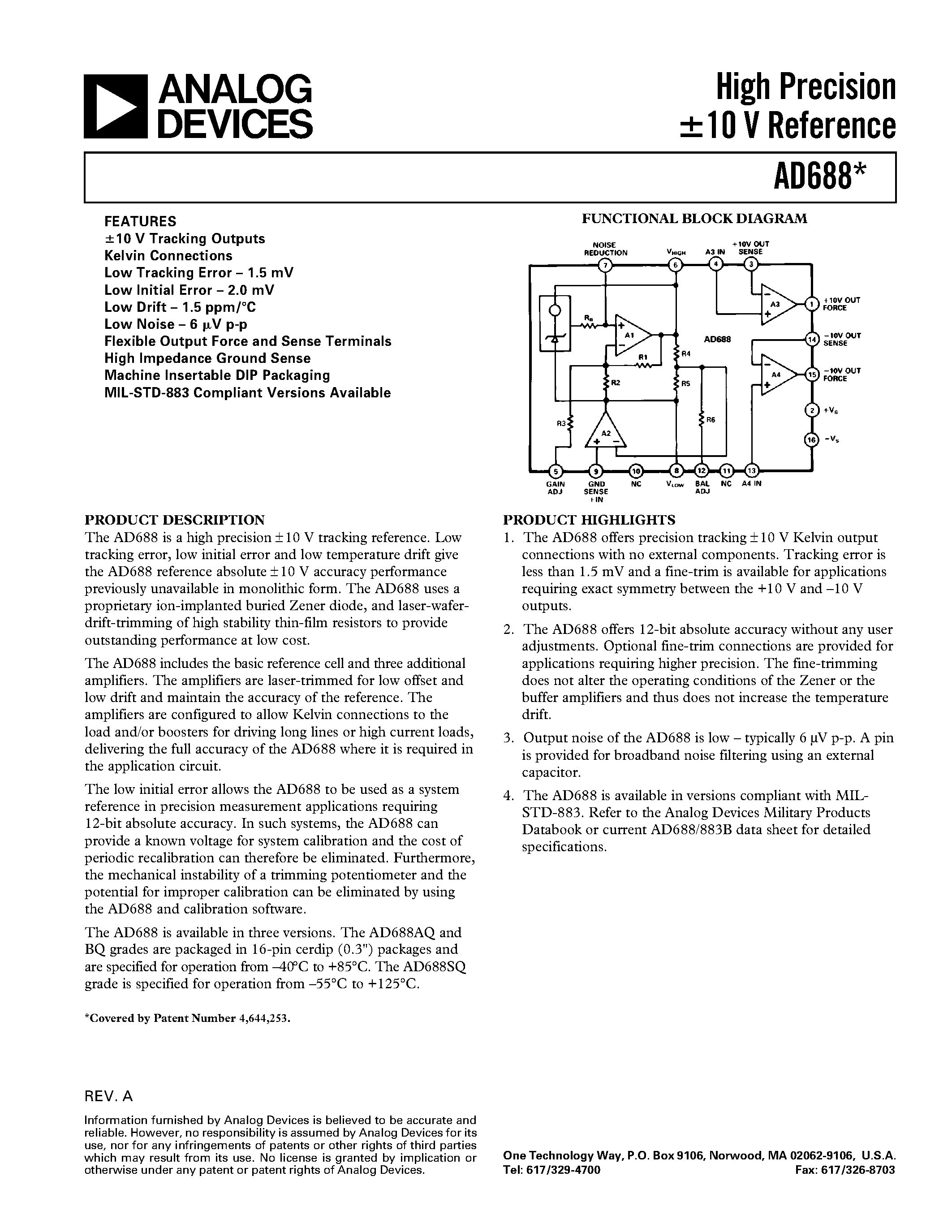 Даташит на микросхему AD688SQ страница 1 Даташит AD688SQ - High Precision +-10 V Reference страница 1
