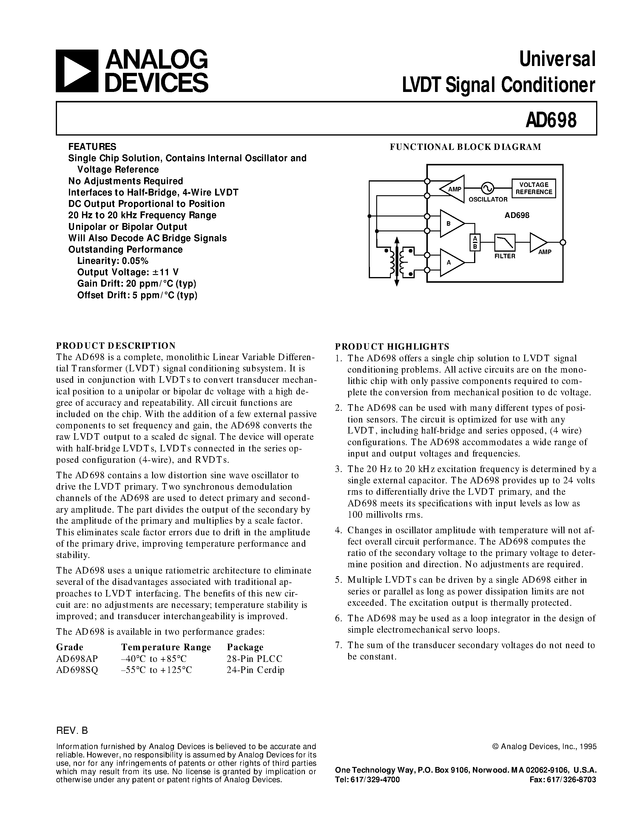 Datasheet AD698 - Universal LVDT Signal Conditioner page 1