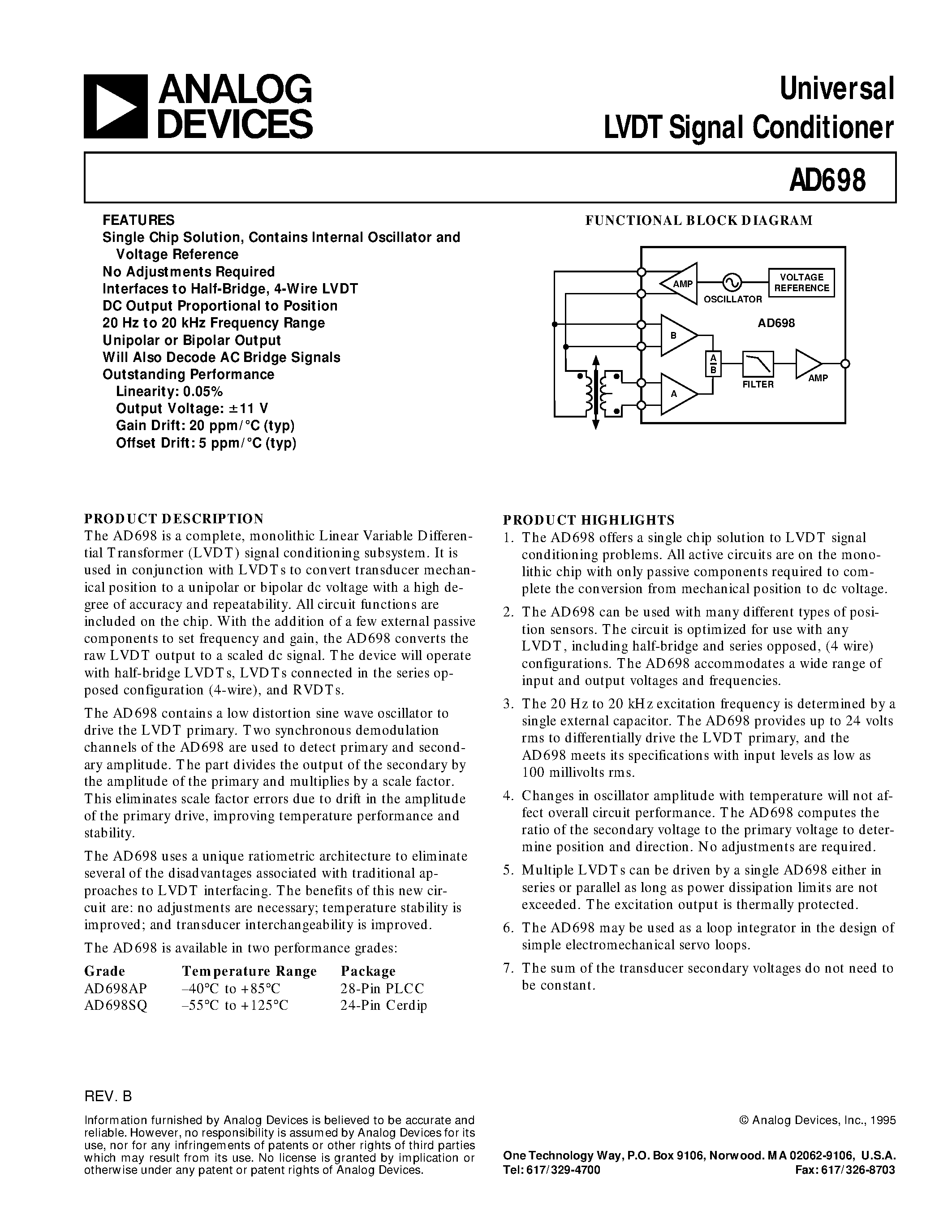 Datasheet AD698SQ page 1 Datasheet AD698SQ - Universal LVDT Signal Conditioner page 1