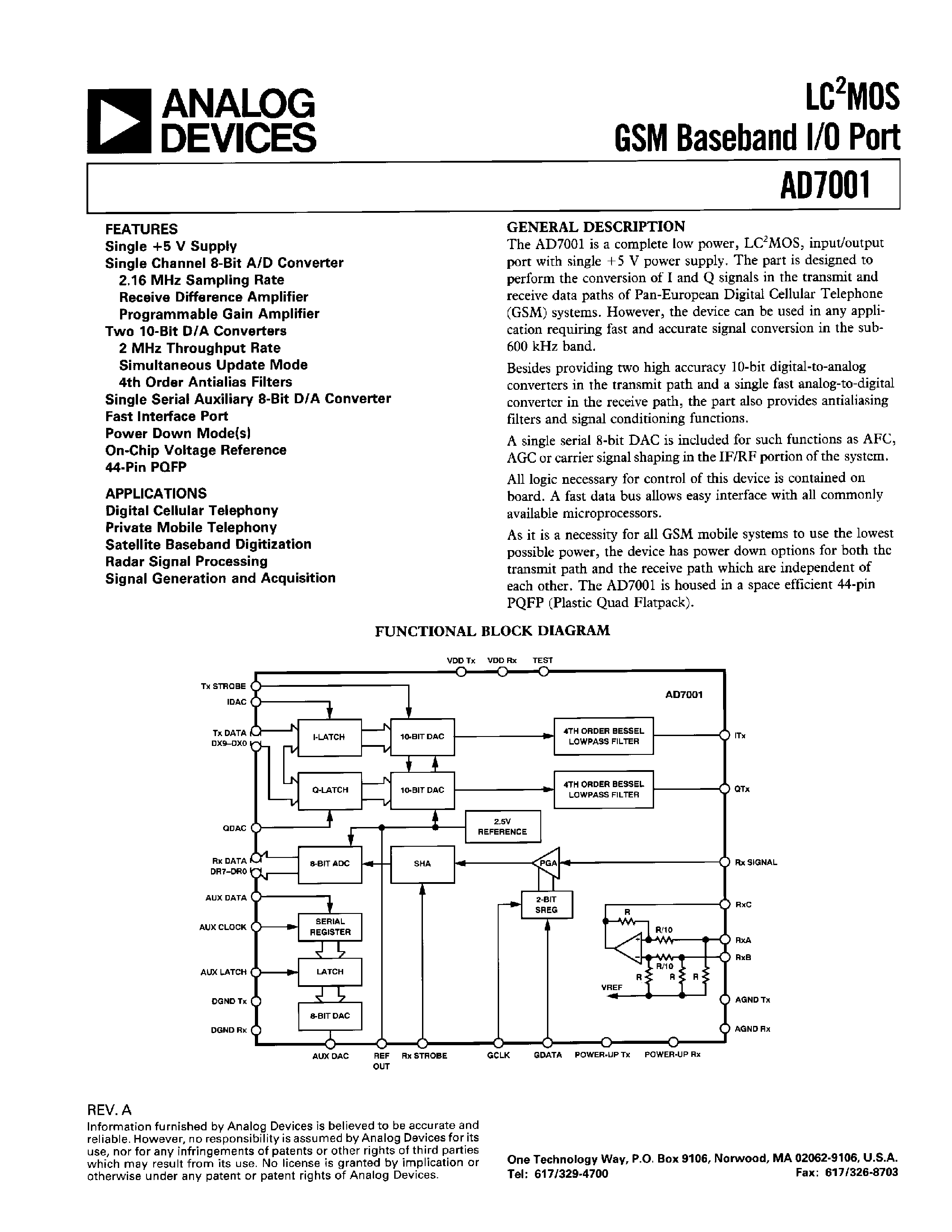 Даташит на микросхему AD7001 страница 1 Даташит AD7001 - LC2MOS GSM Baseband I/O Port страница 1