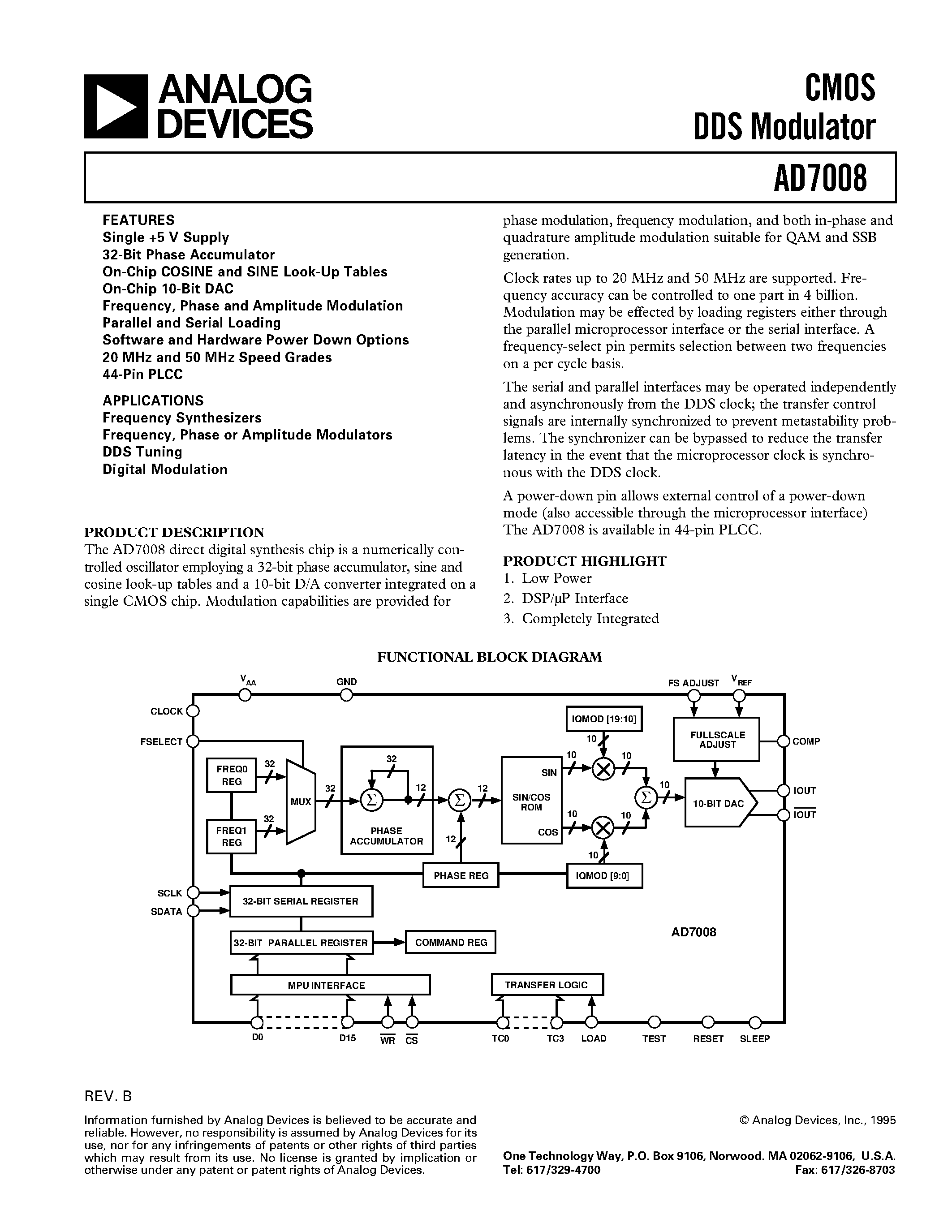 Даташит на микросхему AD7008AP20 страница 1 Даташит AD7008AP20 - CMOS DDS Modulator страница 1