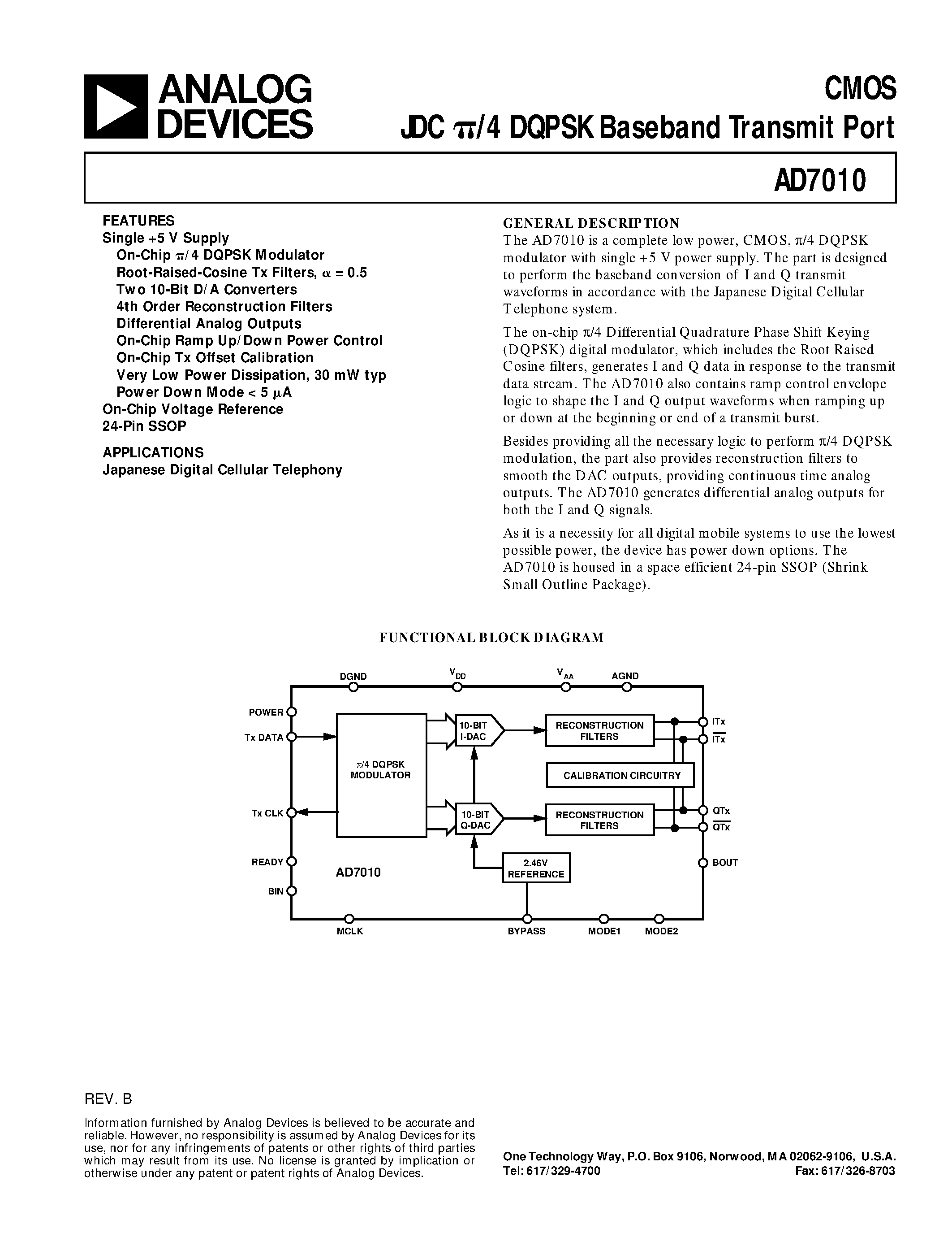 Datasheet AD7010ARS - CMOS JDC p/4 DQPSK Baseband Transmit Port page 1