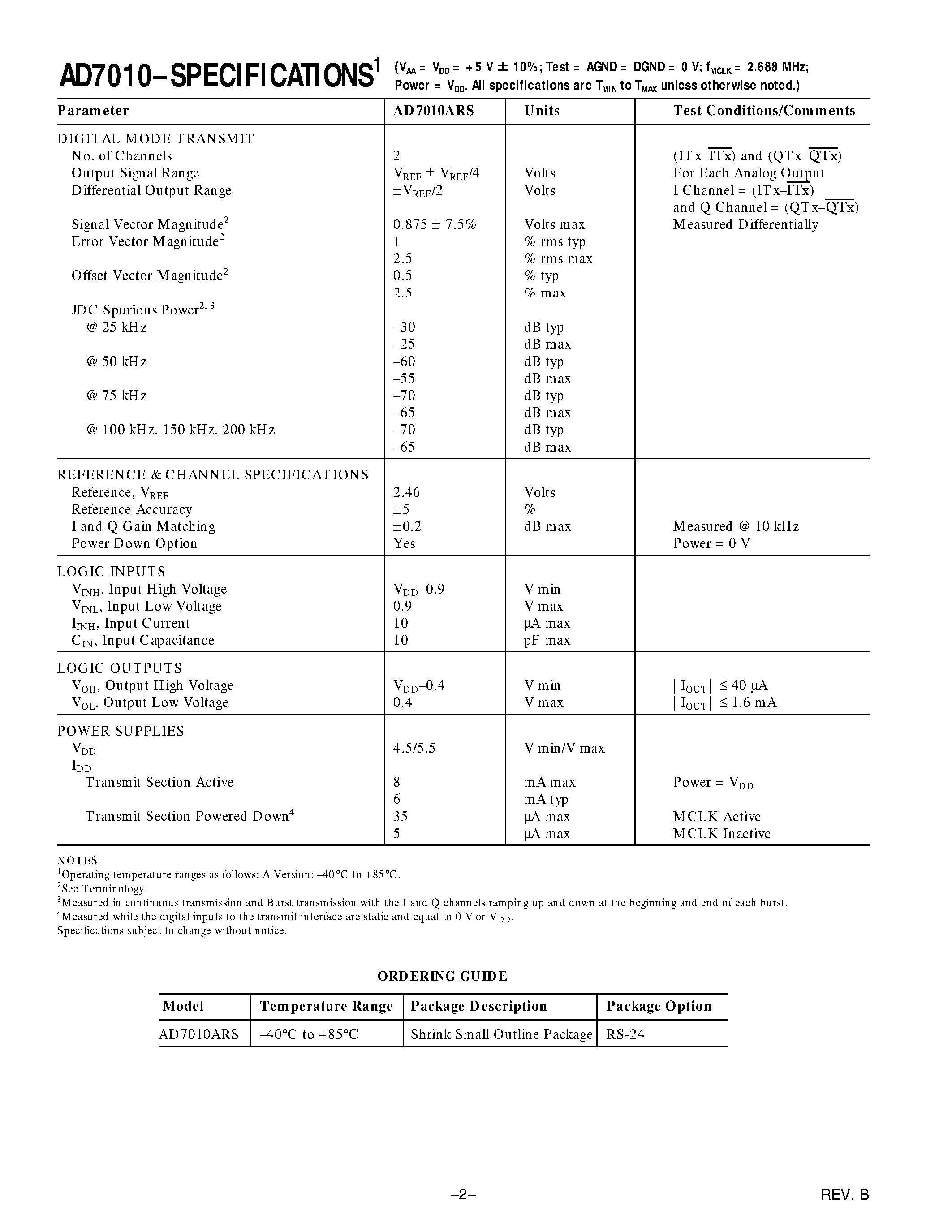 Datasheet AD7010ARS - CMOS JDC p/4 DQPSK Baseband Transmit Port page 2
