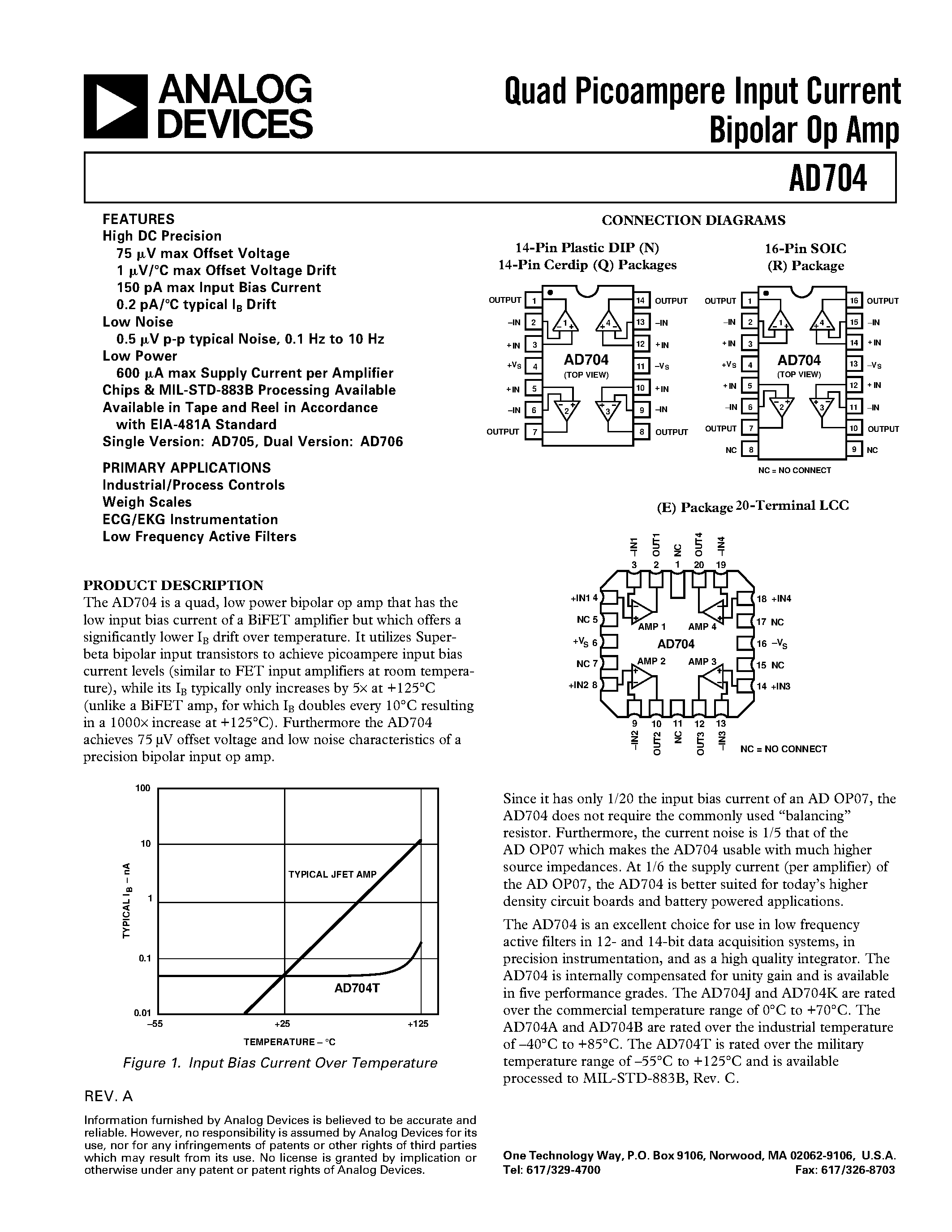 Даташит AD704AR - Quad Picoampere Input Current Bipolar Op Amp страница 1