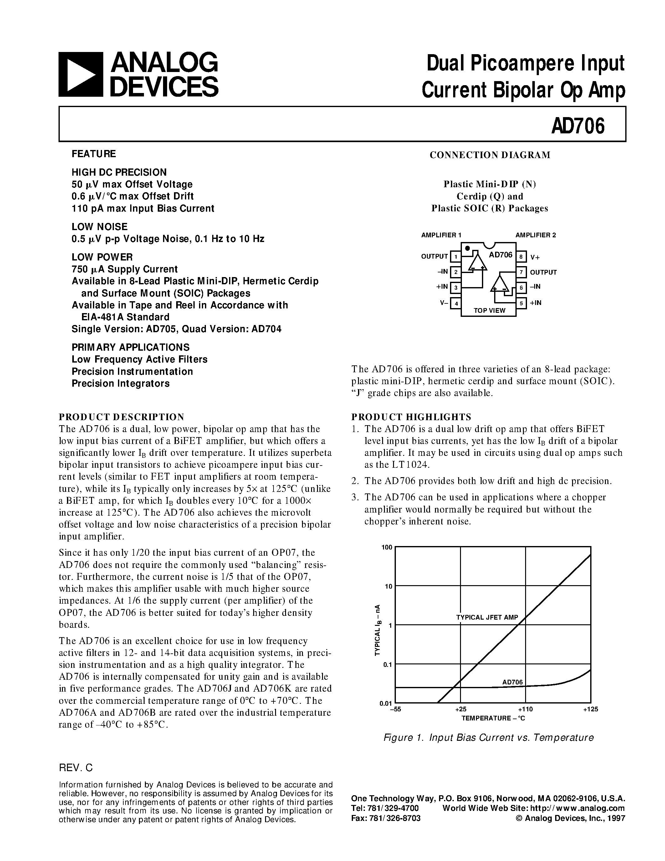 Даташит AD706AR - Dual Picoampere Input Current Bipolar Op Amp страница 1