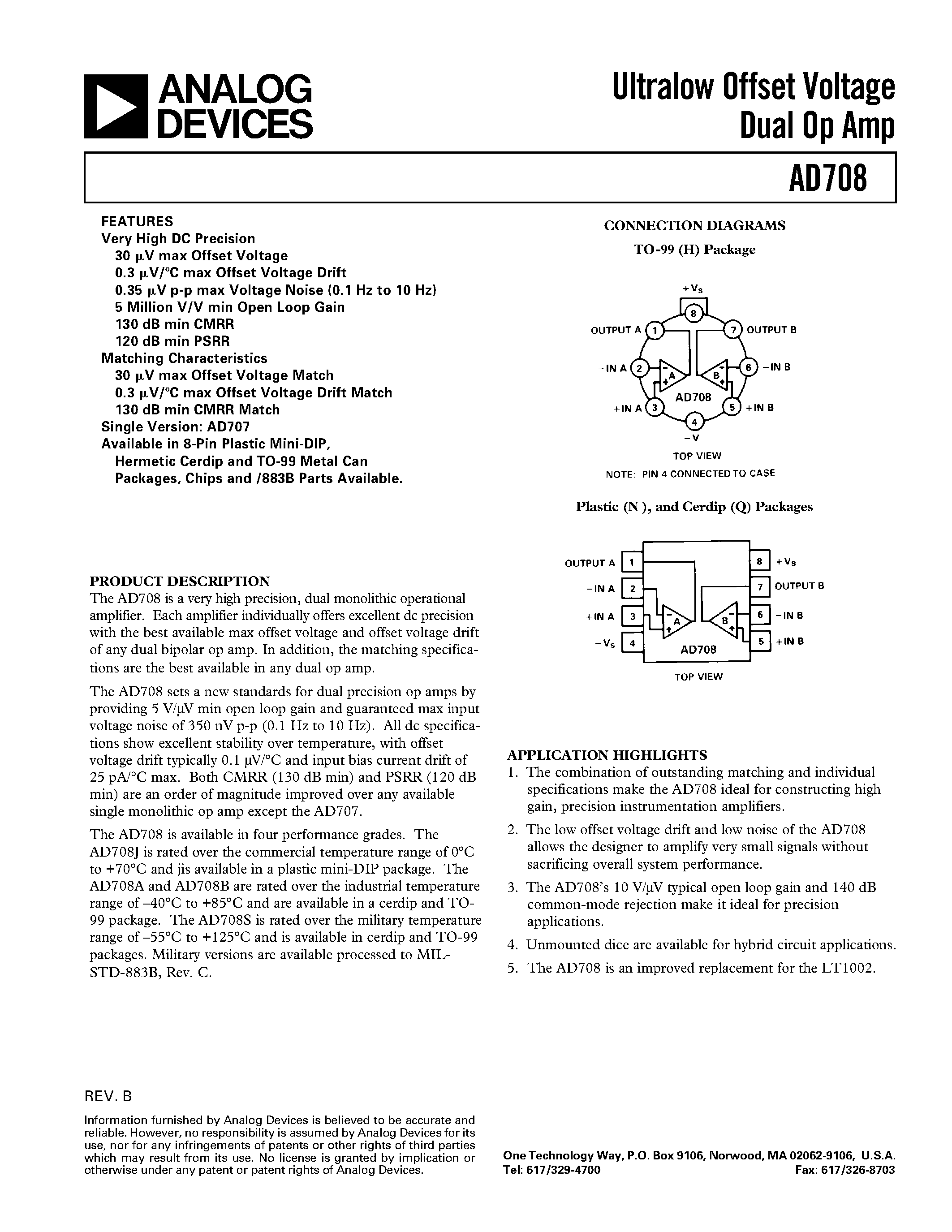 Даташит AD708 - Ultralow Offset Voltage Dual Op Amp страница 1