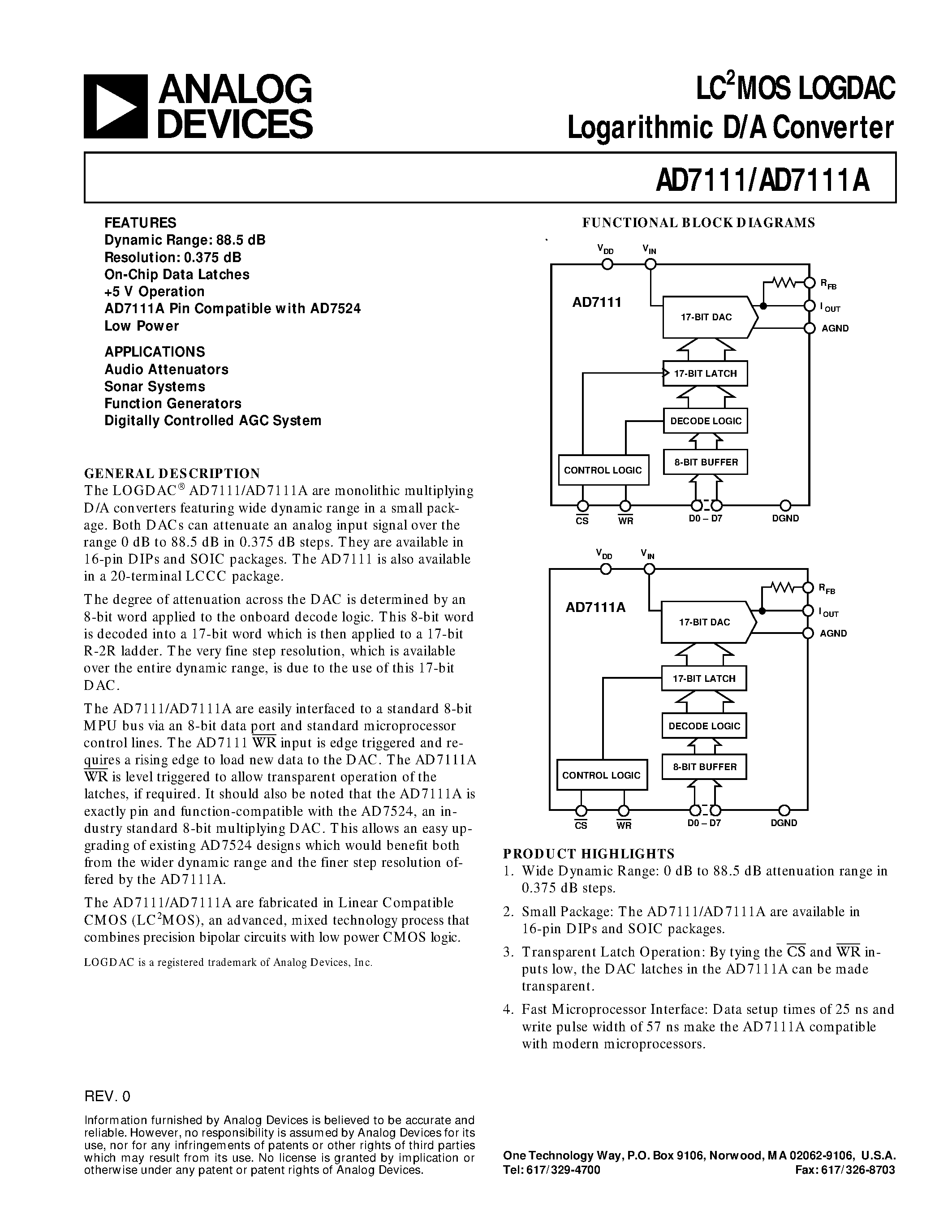Даташит AD7111KN - LC2MOS LOGDAC Logarithmic D/A Converter страница 1