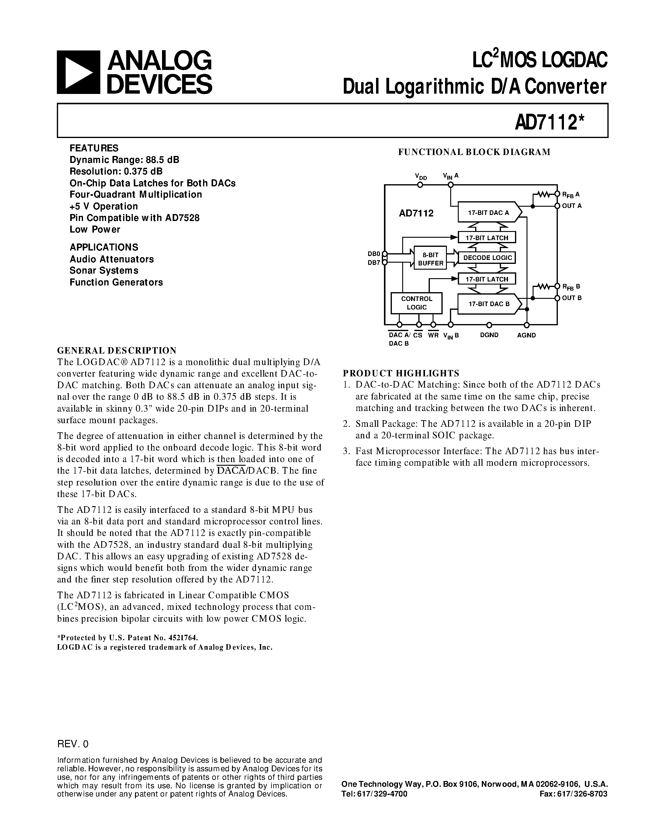 Даташит AD7112BN - LC2MOS LOGDAC Dual Logarithmic D/A Converter страница 1