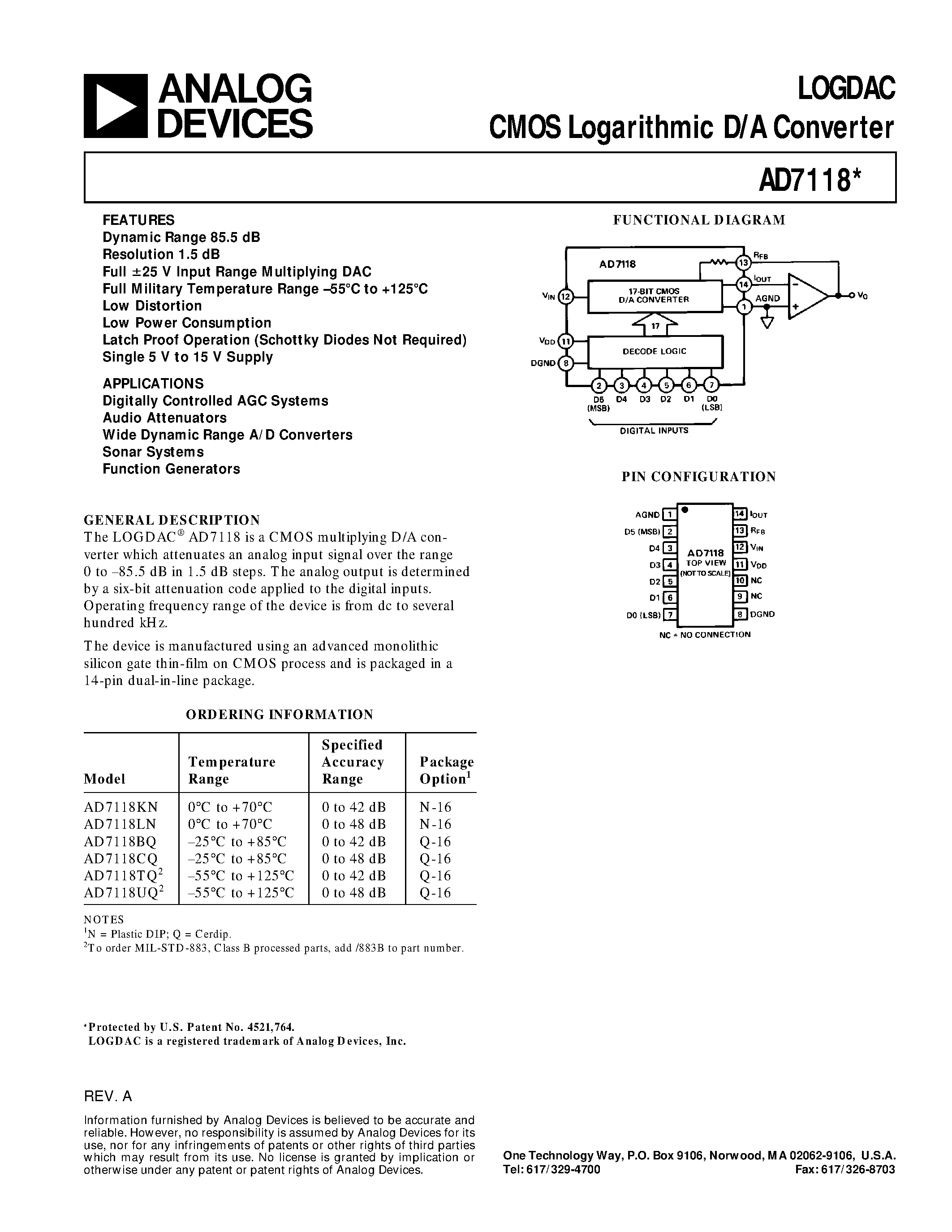 Даташит AD7118LN - LOGDAC CMOS Logarithmic D/A Converter страница 1