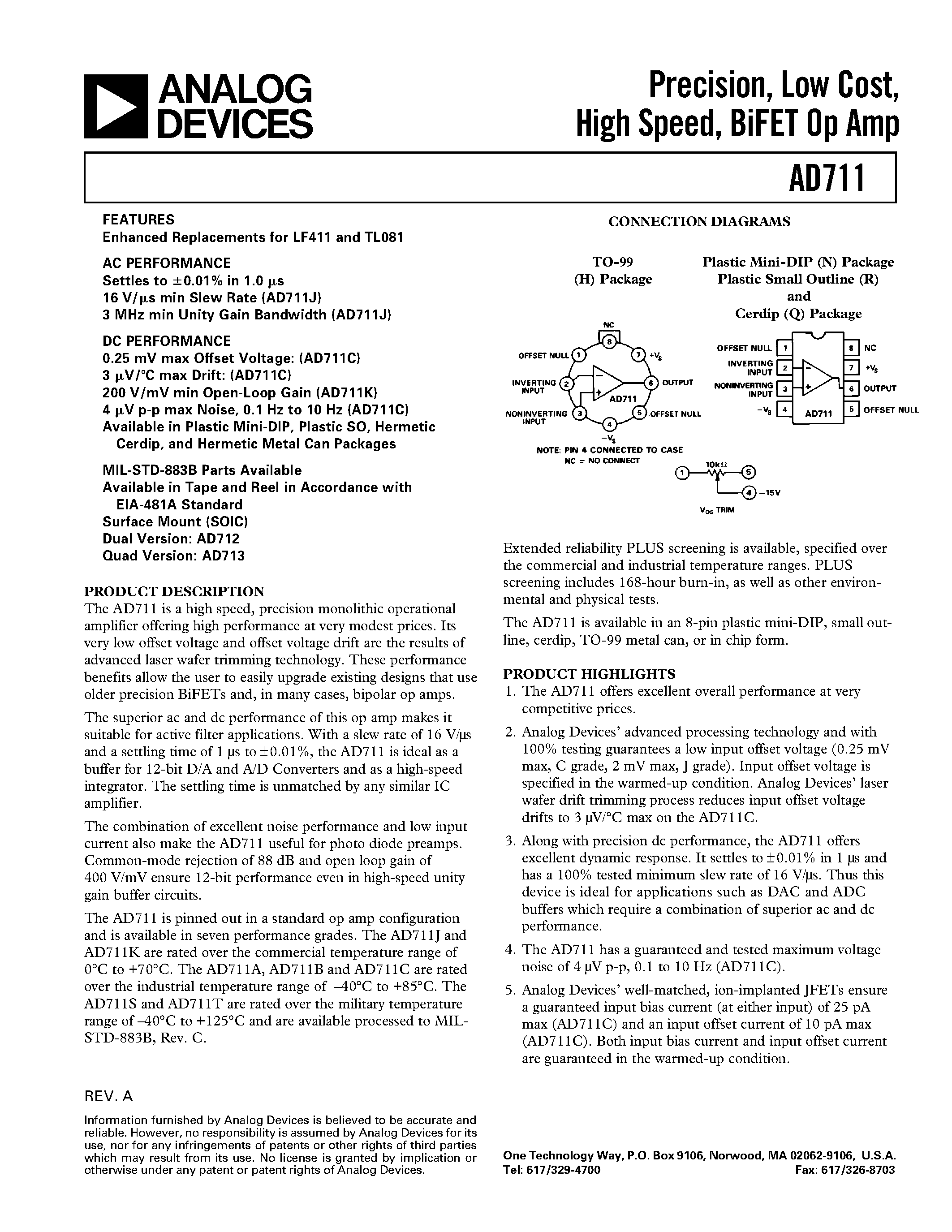 Даташит AD711CH - Precision/ Low Cost/ High Speed/ BiFET Op Amp страница 1