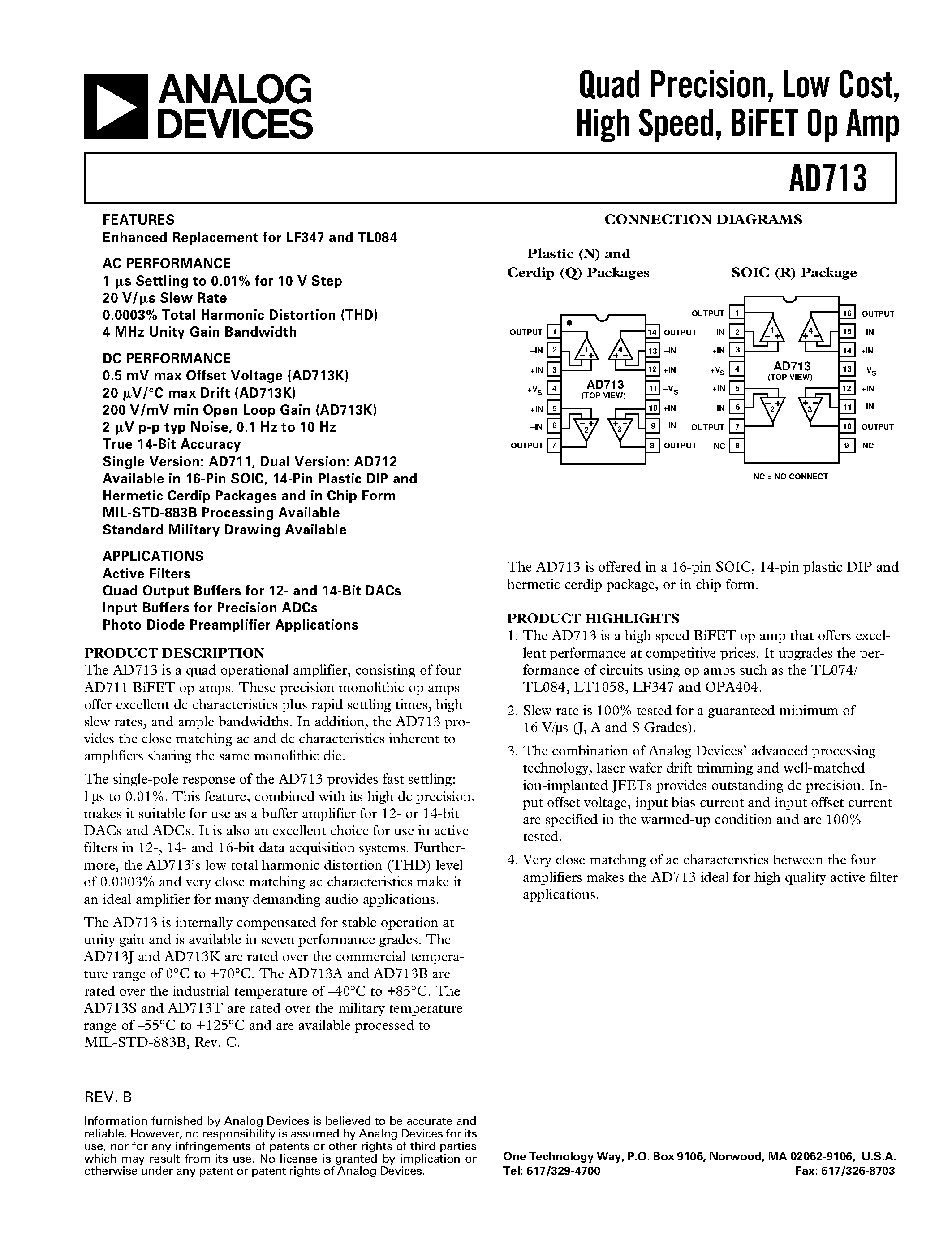 Даташит AD713 - Quad Precision/ Low Cost/ High Speed/ BiFET Op Amp страница 1