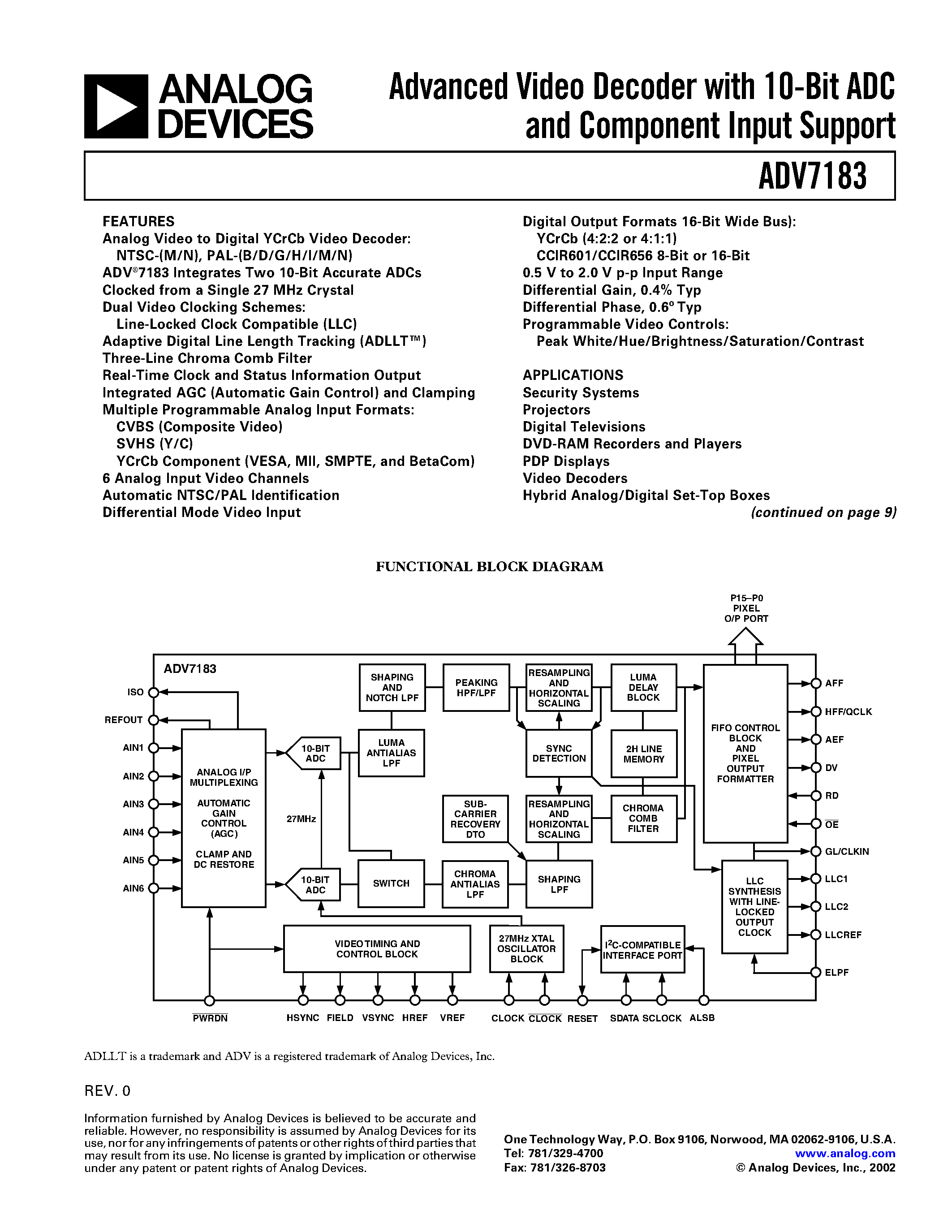 Даташит AD7183 - Advanced Video Decoder with 10-Bit ADC and Component Input Support страница 1