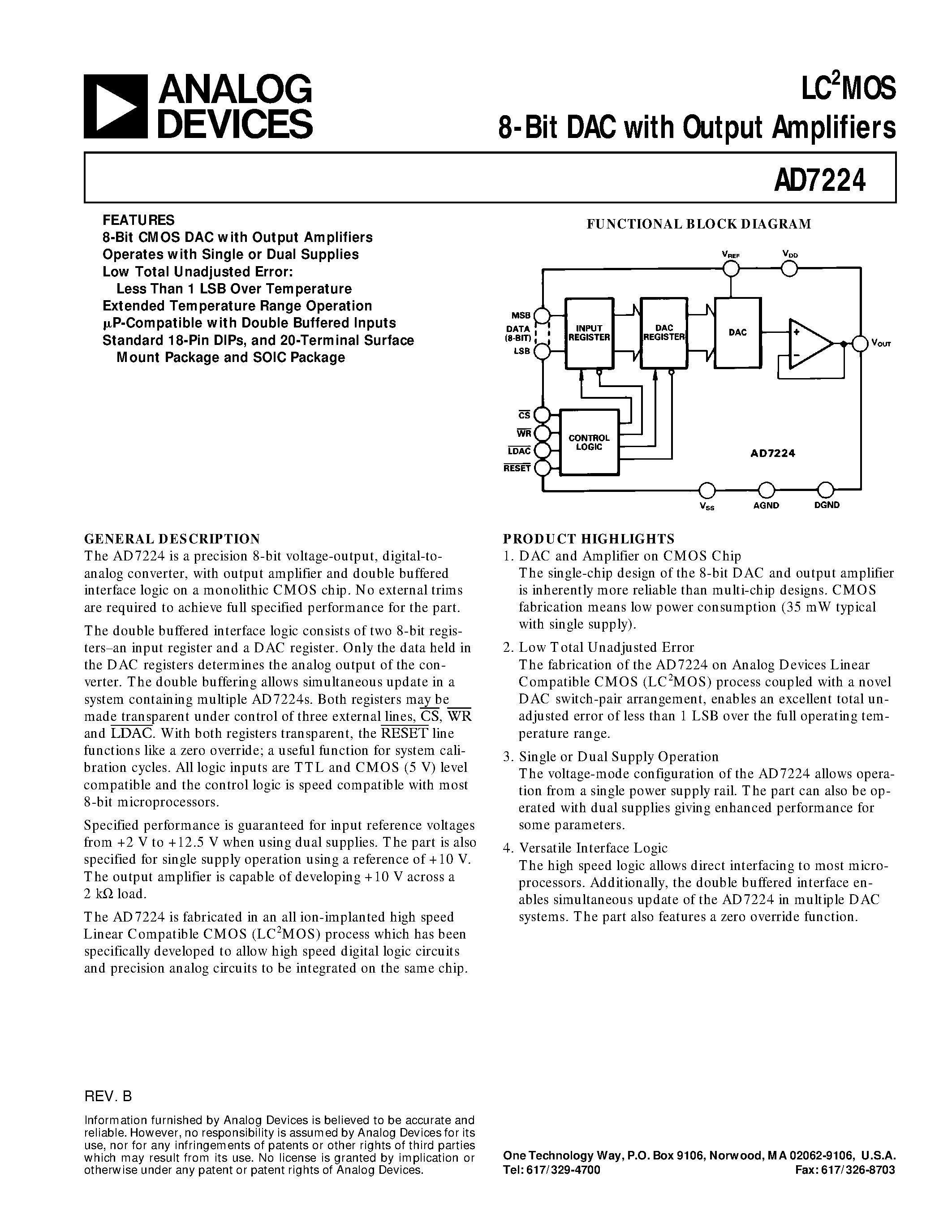 Даташит на микросхему AD7224CQ страница 1 Даташит AD7224CQ - LC2MOS 8-Bit DAC with Output Amplifiers страница 1