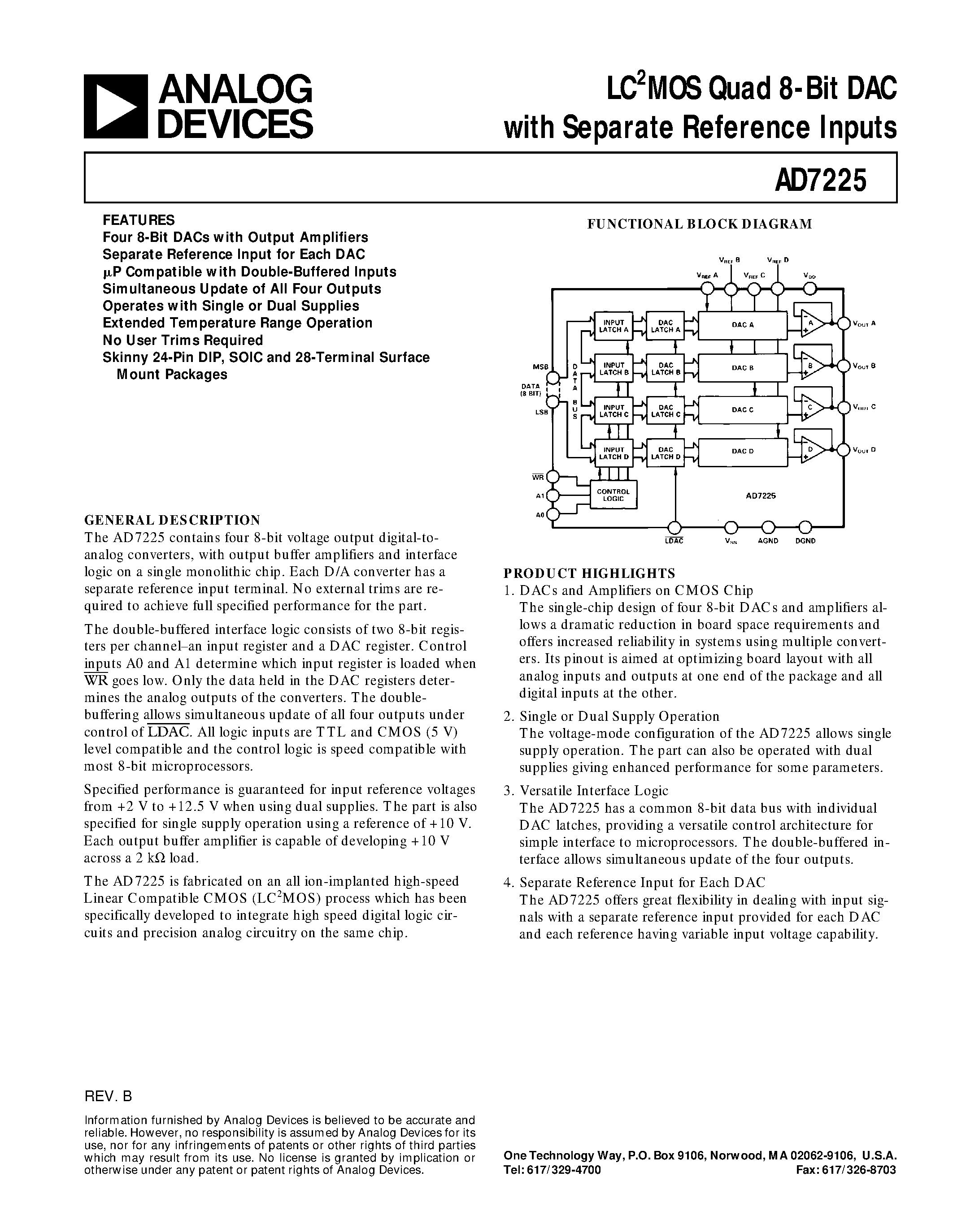 Даташит AD7225LP - LC2MOS Quad 8-Bit DAC with Separate Reference Inputs страница 1